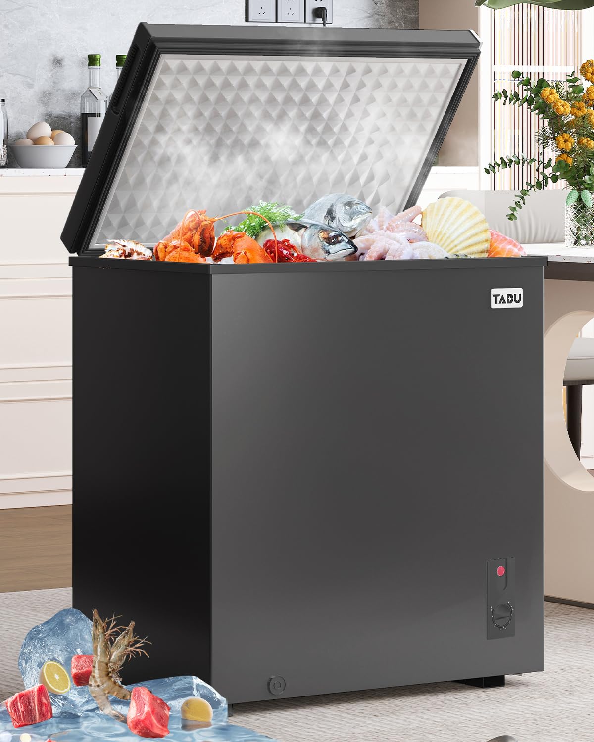 TABU 3.5 Cubic Feet Chest Freezer - Compact Top Open Deep Freezer with Removable Basket, 7-Level Adjustable Thermostat, Freestanding Design (Black) - Perfect for Home, Garage, Basement, or Small Business Storage