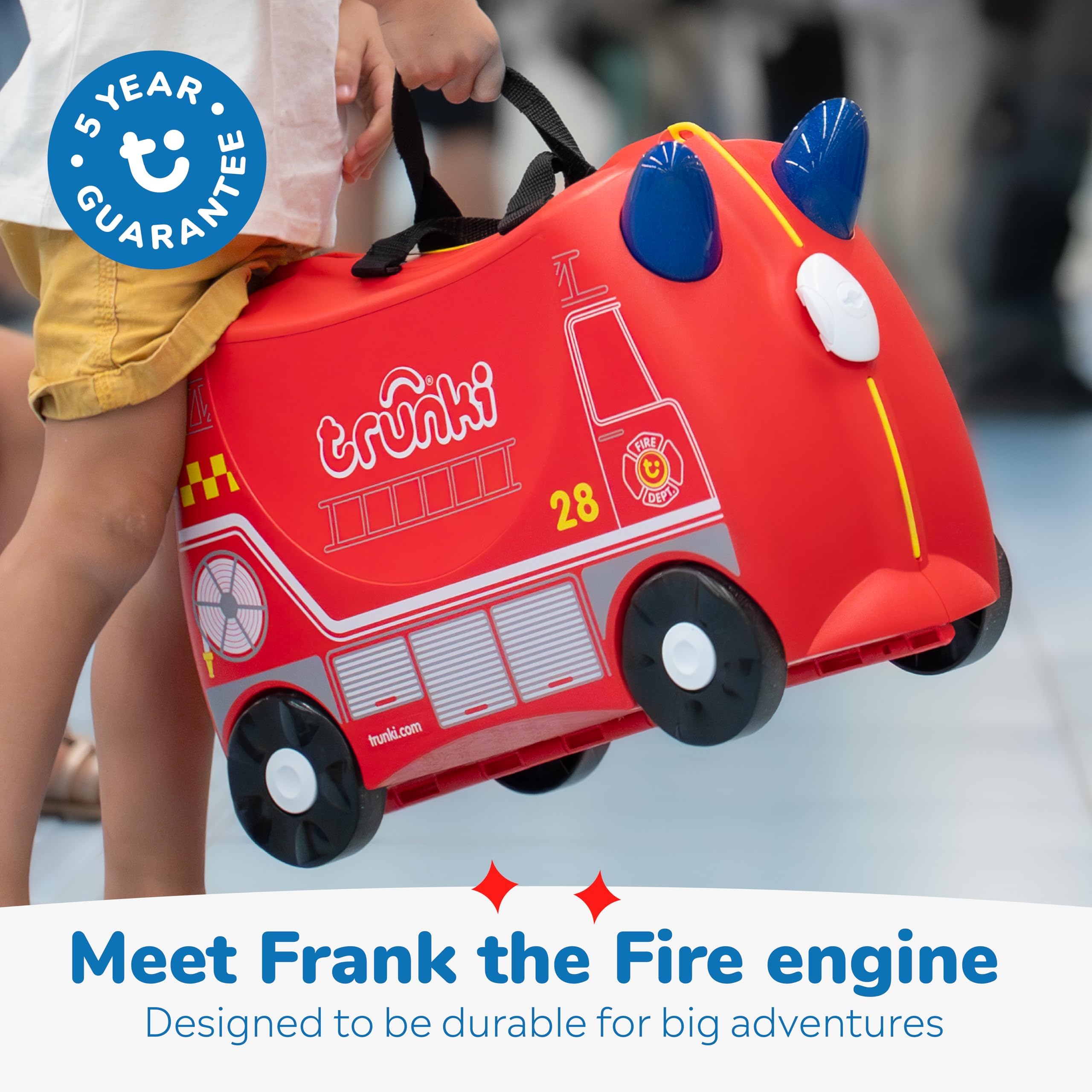 Trunki Ride-On Kids Suitcase - Toddler Travel Luggage with Wheels | Carry-On Airplane Essentials for Boys & Girls | Durable Frank Fire Truck Red Design | Perfect for Family Trips, Air Travel & Playtime Adventures