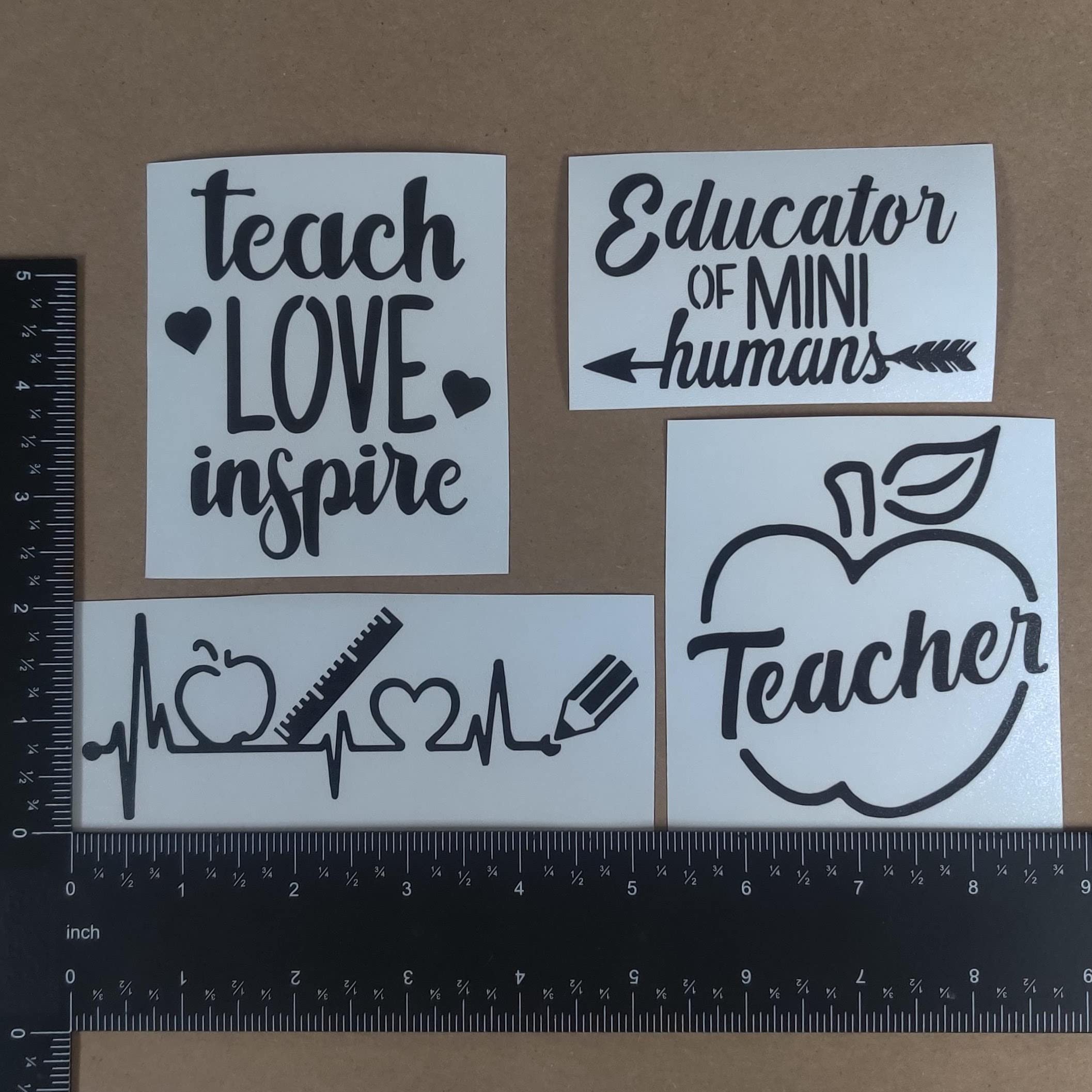 4 Pack Teacher Decals - Teach Love Inspire, Teacher Heartbeat, Apple & Educator of Little Humans (3.5