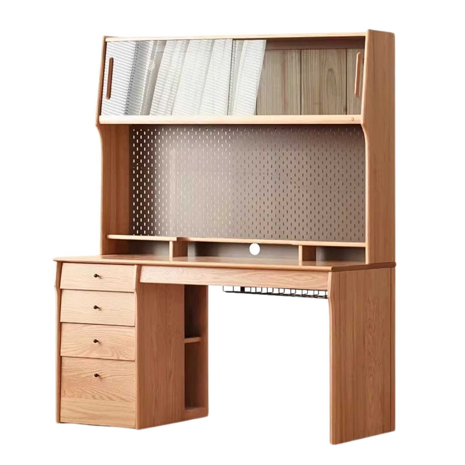 Solid Oak & Cherry Wood Desk Bookshelf with Warm LED Lighting - Perfect for Home Office, Study Room, and Library Organization