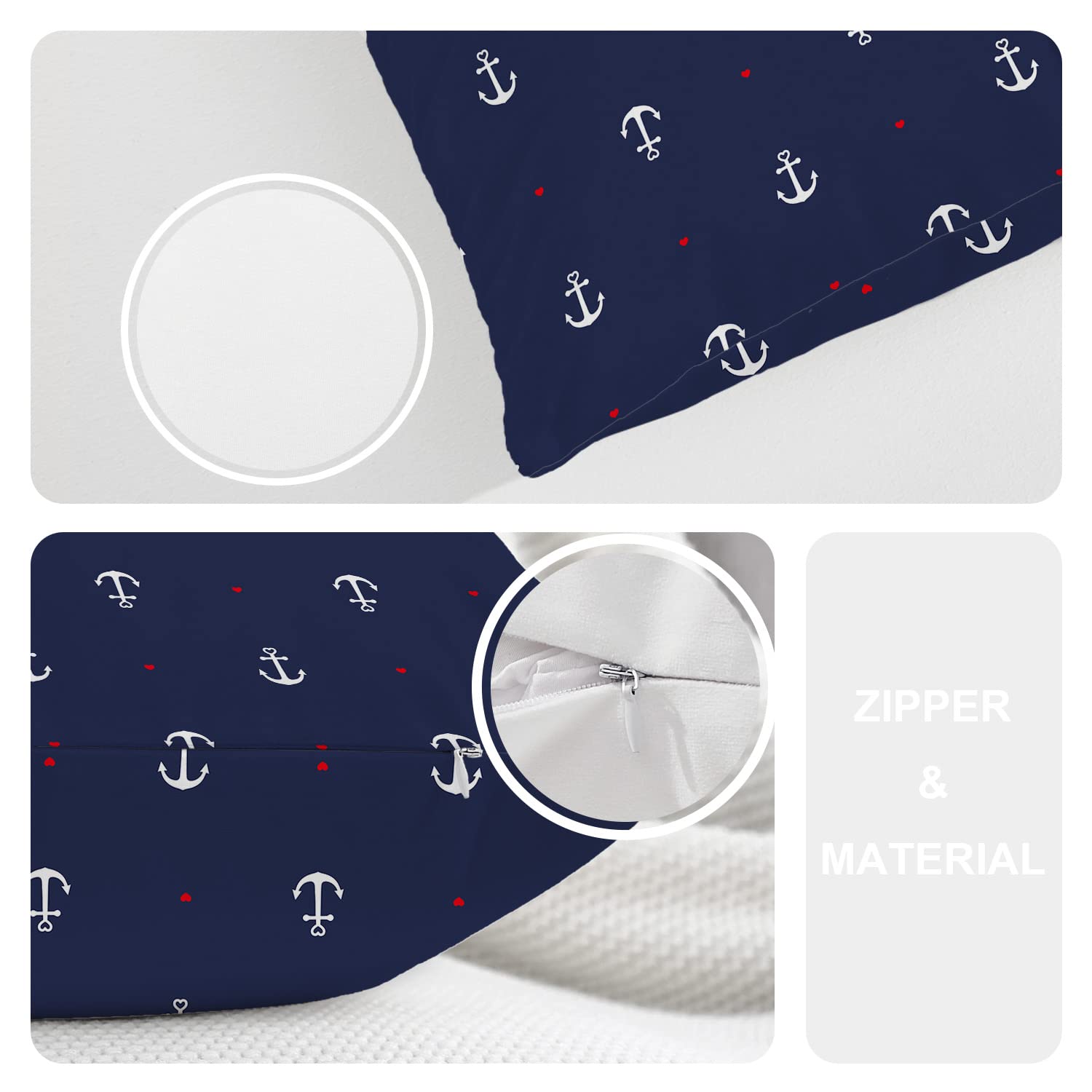 Nautical Decorative Pillow Covers 12x20 Inch - Blue and White Cotton Lumbar Cushion with Red Heart Design for Sofa, Bed, or Boat - Coastal Home Decor & Marine Themed Living Room Accessories