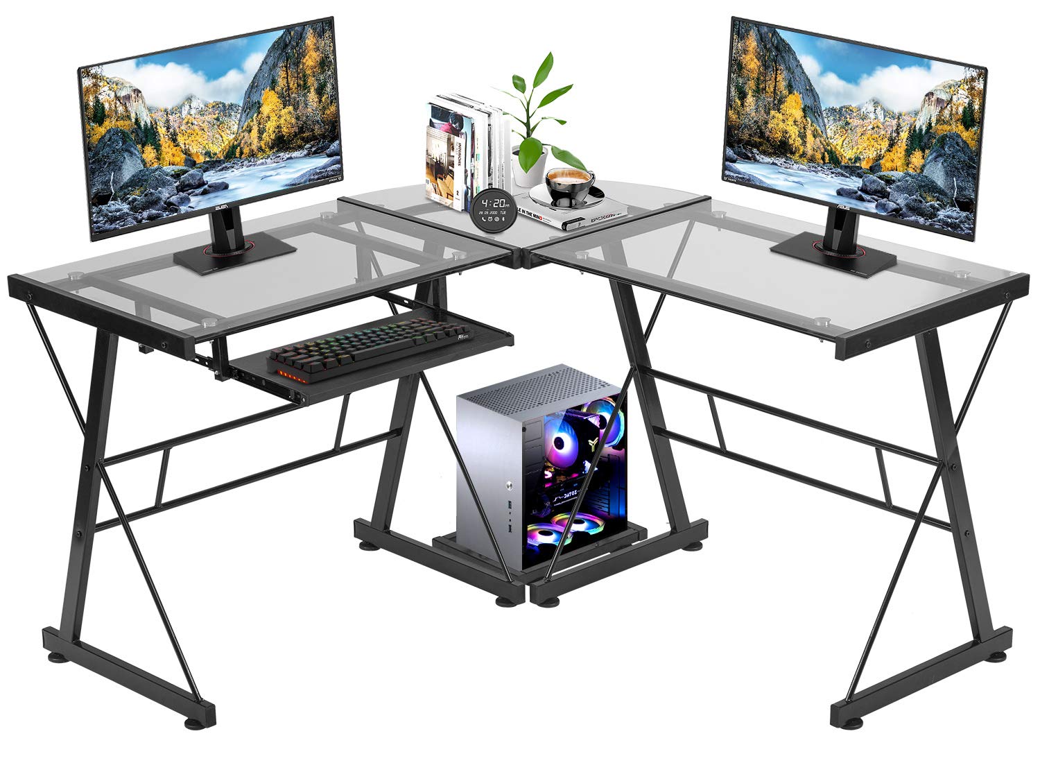 Premium L-Shaped Gaming Computer Desk with Tempered Glass Top - Ergonomic Home Office Workstation for Small Spaces, Writing & Study - Includes Keyboard Tray & CPU Stand (Clear) - Perfect for Gamers, Remote Work & Compact Rooms