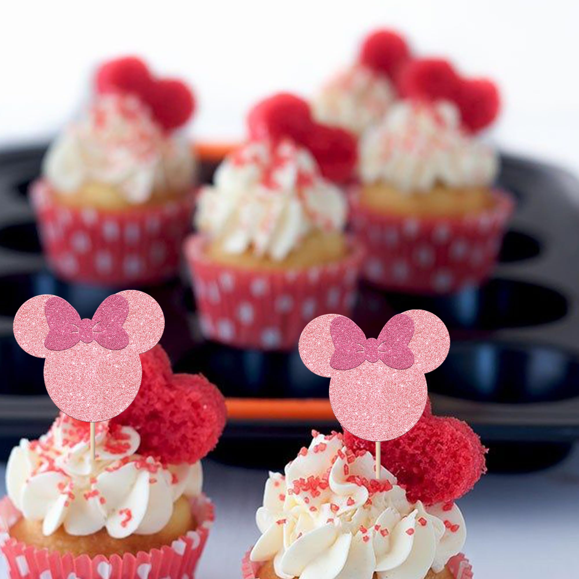 36 Pack Glitter Mouse Cupcake Toppers with Pink Bows - Baby Shower, Wedding & Kids Birthday Party Cake Decorations | Adorable Pink Mouse Picks for Dessert Table, Cupcake Display & Celebration Cakes