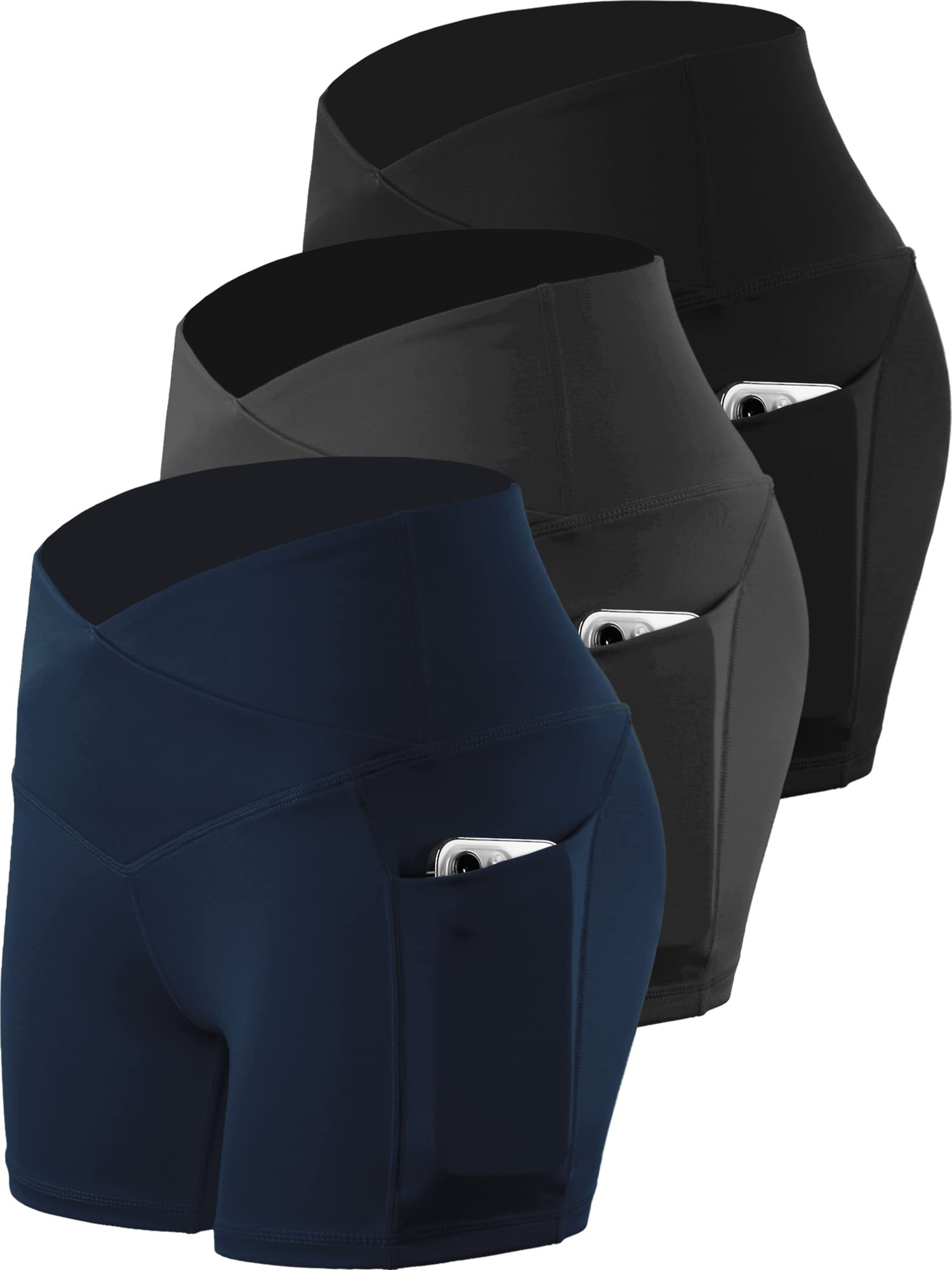 CADMUS 3 Pack Women's High Waisted Yoga Shorts - Spandex Workout Biker Shorts with Deep Side Pockets for Running, Gym & Lounge Wear