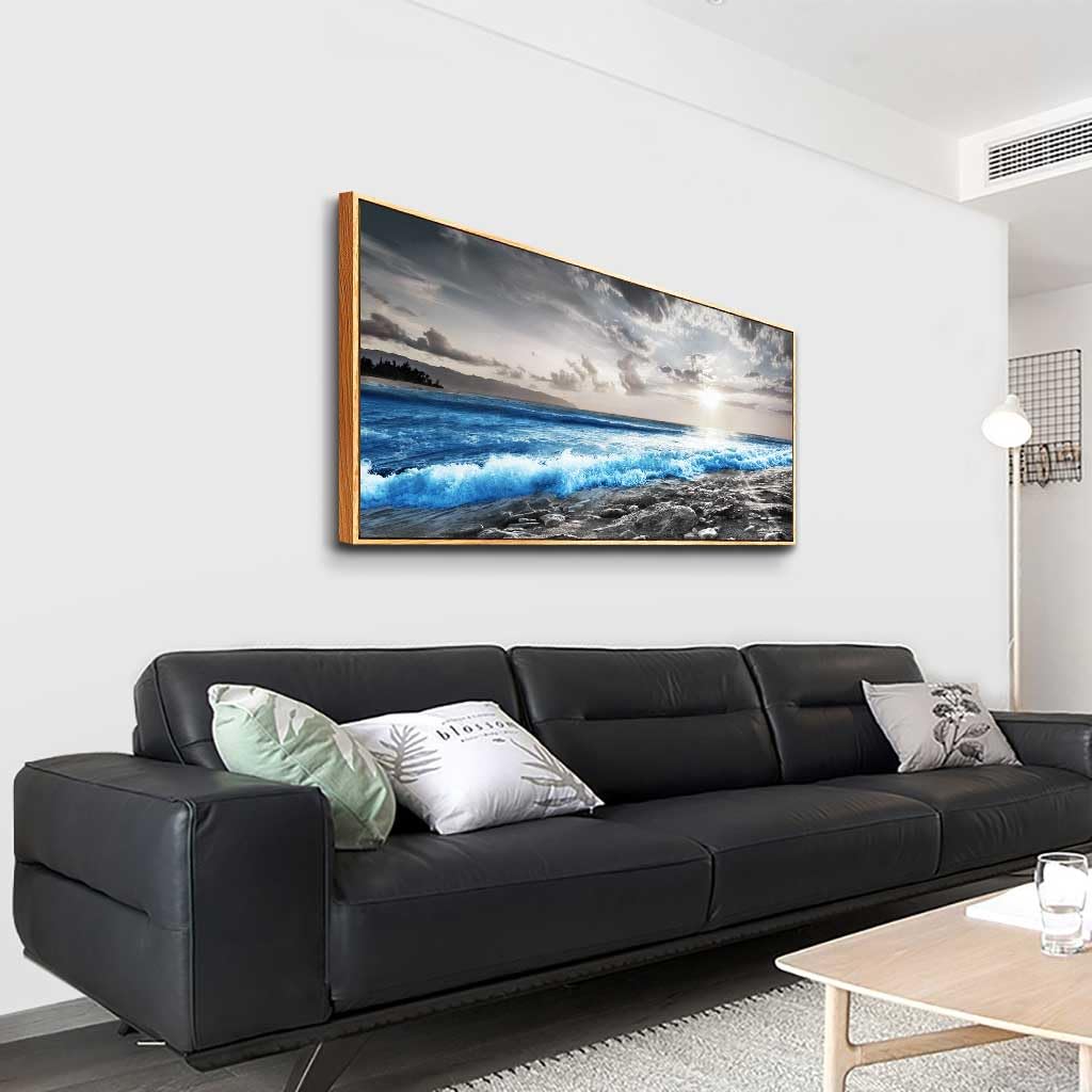 Hyidecorart Blue Beach Ocean Seascape Framed Wall Art - 30x60 Inch Large Wood Framed Canvas Painting for Living Room, Office & Bedroom - Modern Coastal Home Decor Perfect for Beach House, Vacation Rental & Coastal Style Interiors
