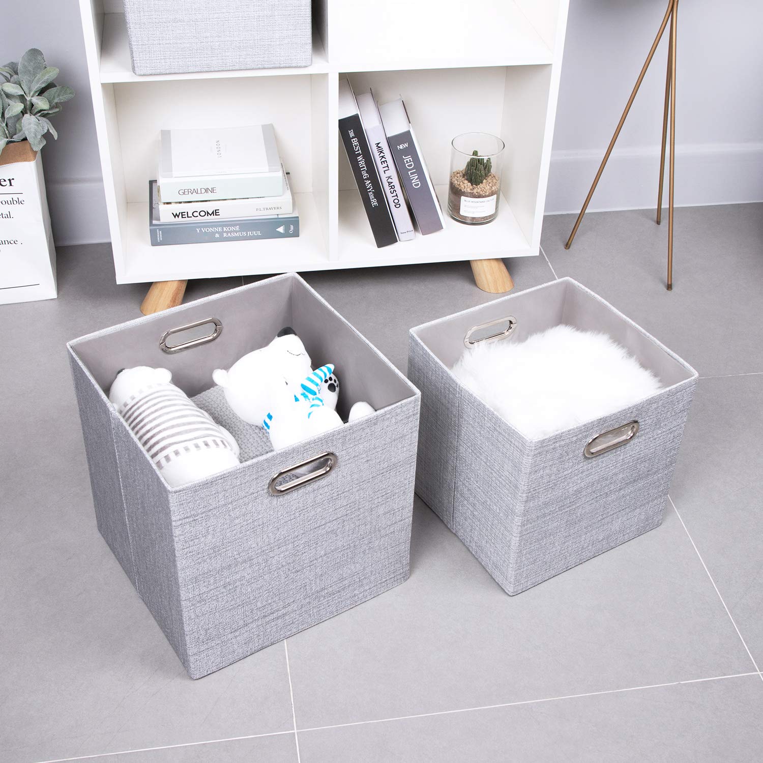 13-Inch Thick Fabric Collapsible Storage Cubes & Bins - 2-Pack Silver Gray Organizer Boxes for Shelves, Cabinets, Bookcases | Perfect for Home, Office & Closet Organization