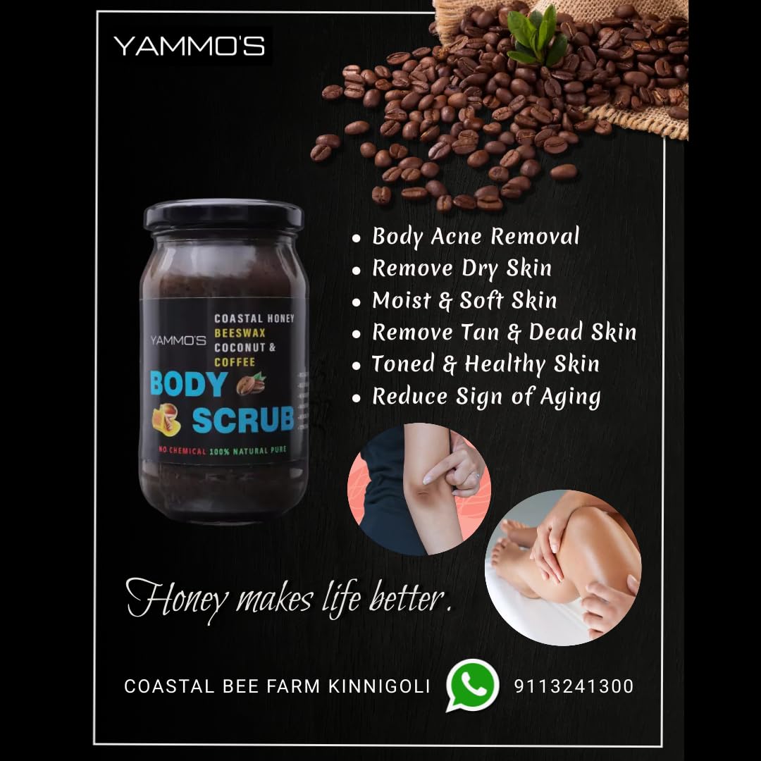 Yammo's Coastal Honey & Beeswax Natural Coffee Body Scrub - 100% Organic Exfoliator for Acne, Dry Skin & Tan Removal | Moisturizing & Skin Regeneration Formula | 100gm for Soft, Glowing Skin | Perfect for Spa Day & Post-Workout Skincare Routine