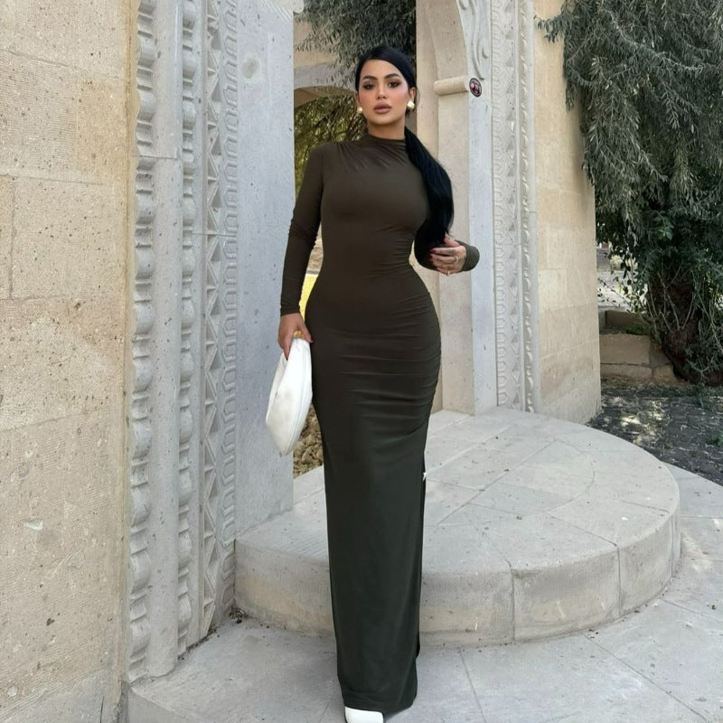LOVEVOP 2025 Fashion Women's Slim Fit Stand Collar Long Sleeve Wrap Dress with Side Slit - Autumn Winter Solid Color Casual Dress for Work, Party & Daily Wear Wholesale