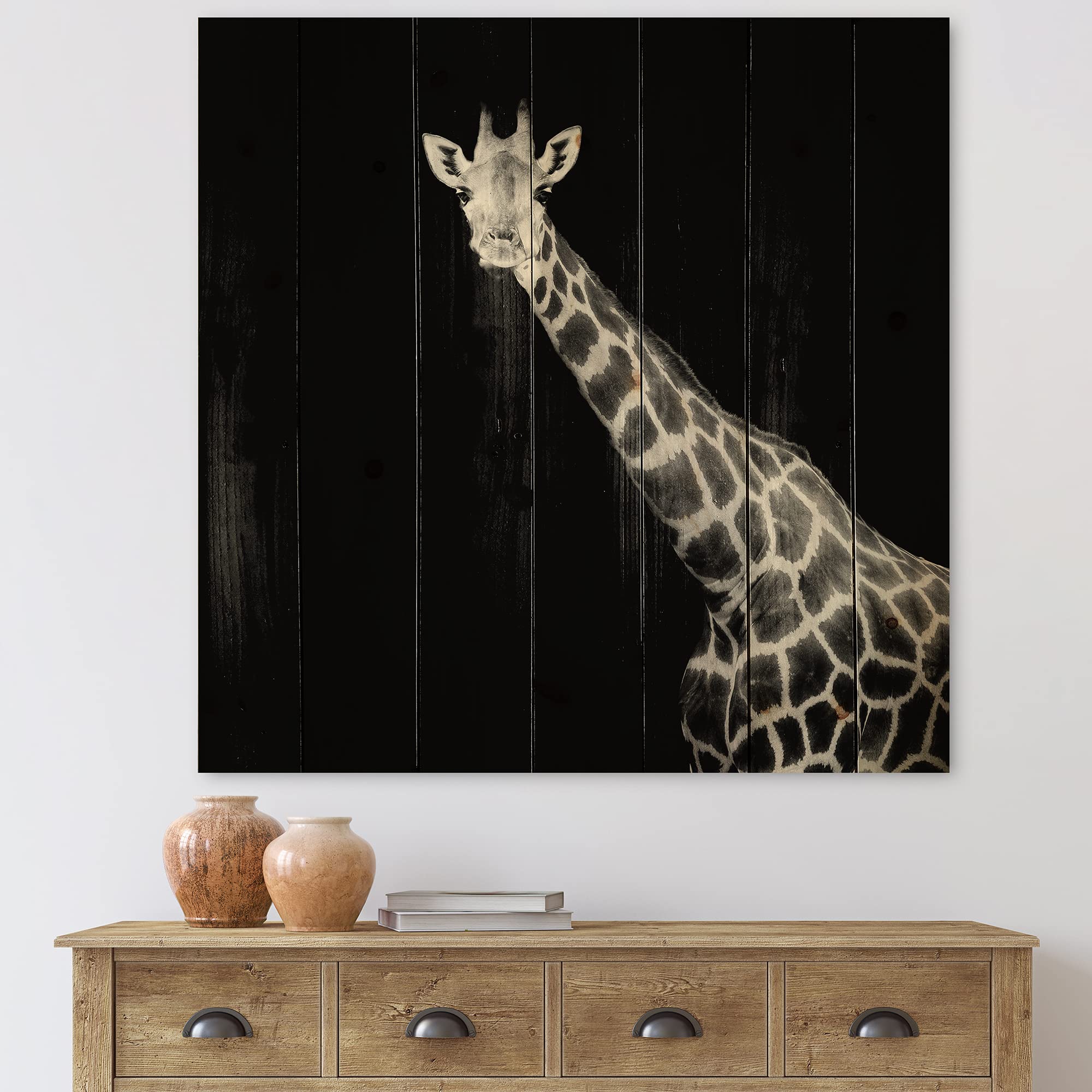 DesignQ Close-Up Giraffe Portrait - Farmhouse Wood Wall Decor, Black Wood Wall Art, Large Animal Wood Panels Printed on Natural Pine - Perfect for Living Room, Nursery & Home Office Decor