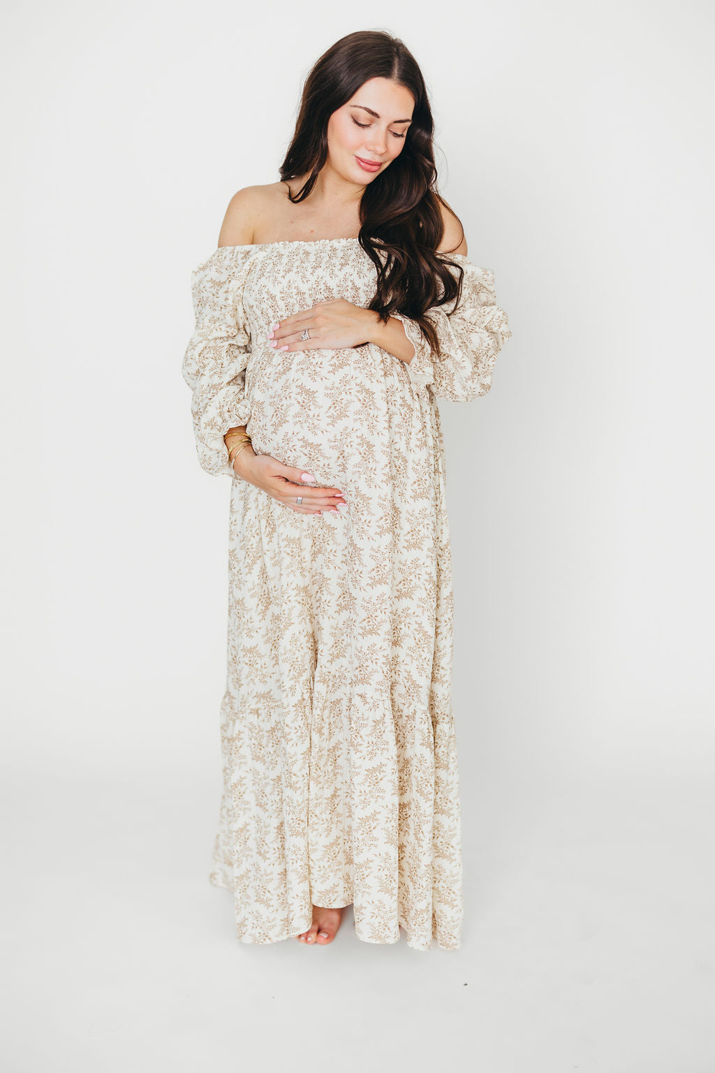 Emerson 100% Cotton Gauze Maxi Dress - Natural/Tan Floral Print, Bump Friendly Maternity Dress for Women | Boho Summer Beach Dress, Pregnancy Photoshoot, Casual Outfit