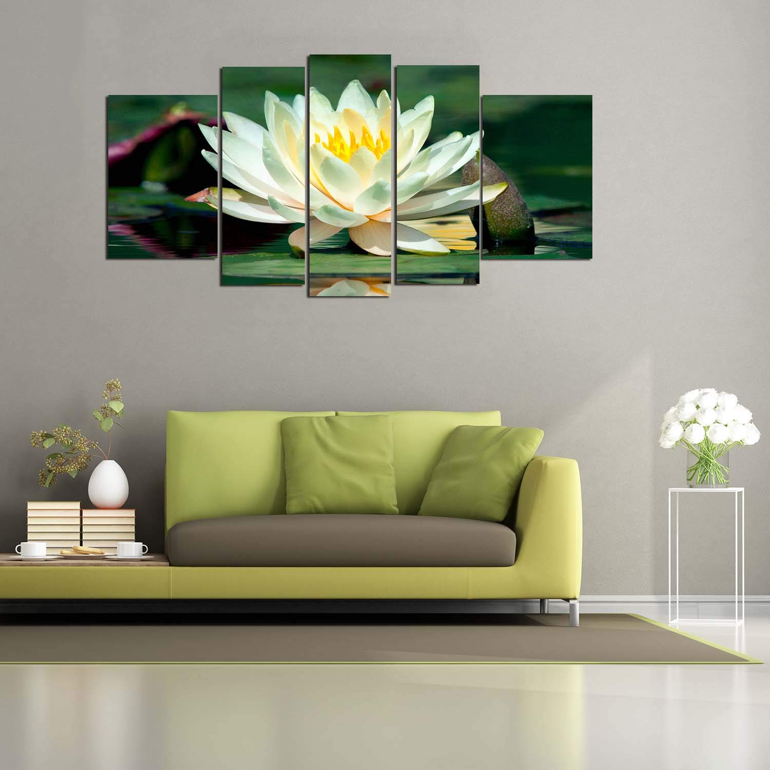 Startonight Water Lily Glass Wall Art & Contemporary Clock Set - 5-Piece Acrylic Decor (35.43x70.87 Inch) - 100% Original Artwork for Living Room, Bedroom & Office Decor