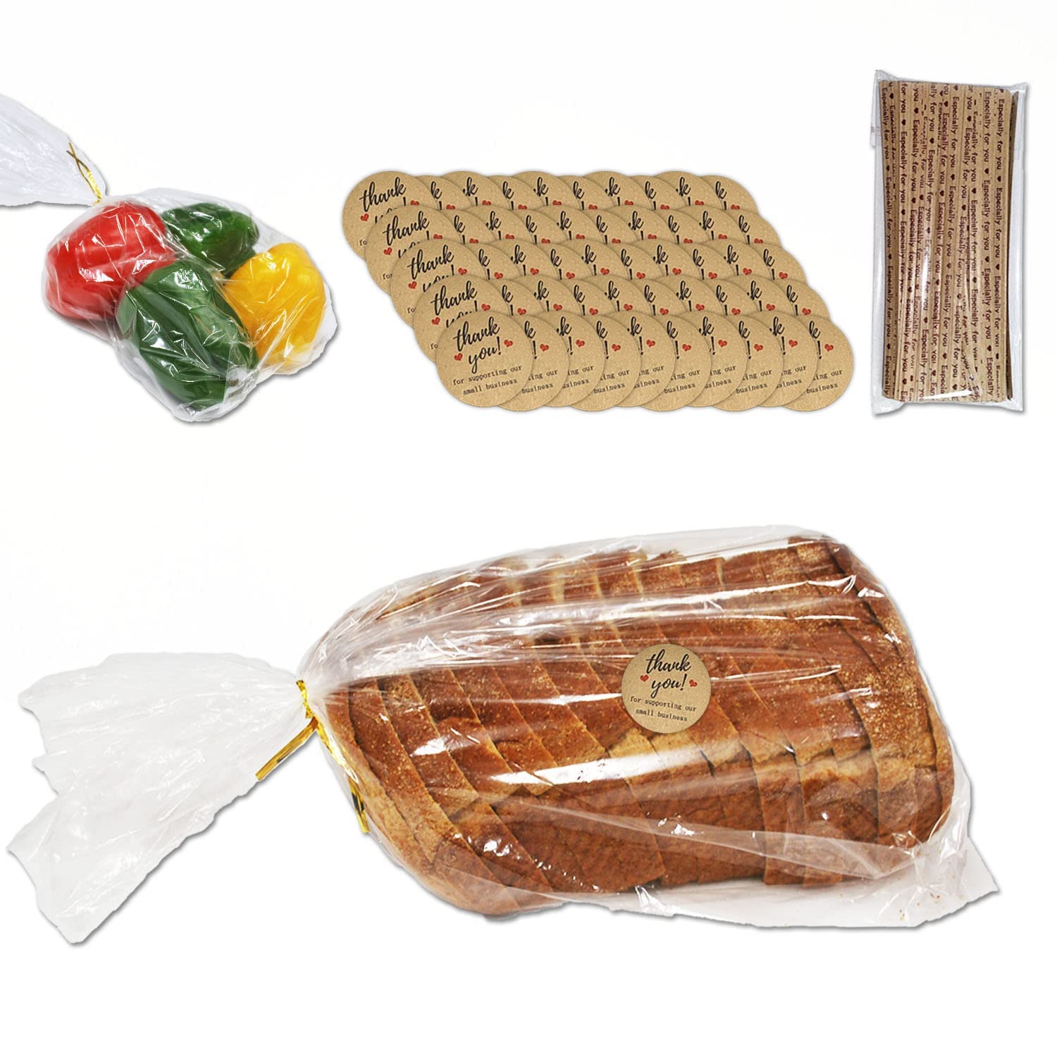 100 Clear Bread Bags with Ties & Thank You Stickers - 8