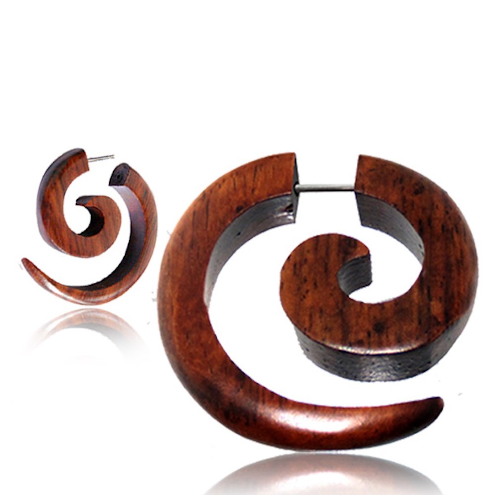 Spiral Fake Gauges Earrings for Women & Men - Organic Wood & Surgical Steel Faux Plug Earrings - Black/Brown Fake Stretchers (Perfect for Concerts, Parties & Alternative Fashion)