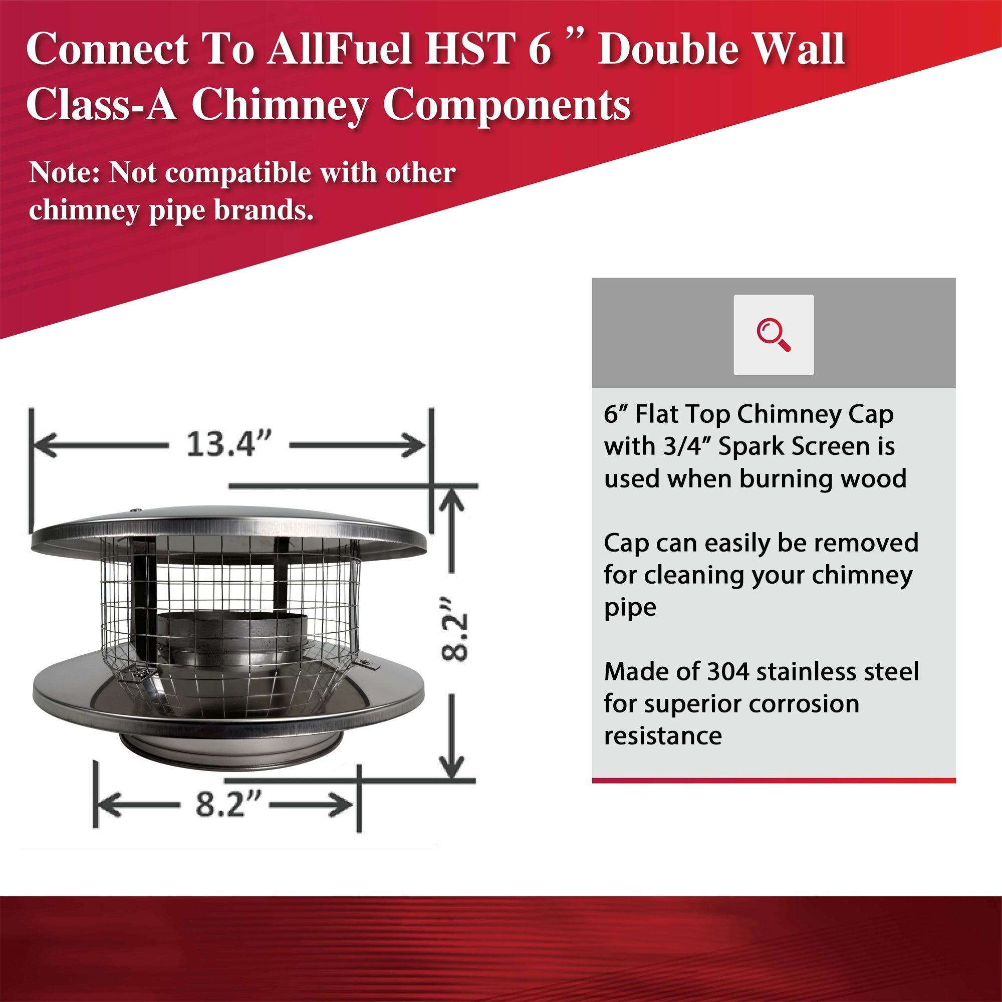 6-Inner Diameter Chimney Cap with Flat Top & Spark Screen - Durable Stainless Steel Chimney Cover for Fireplace, Wood Stove & Outdoor Use
