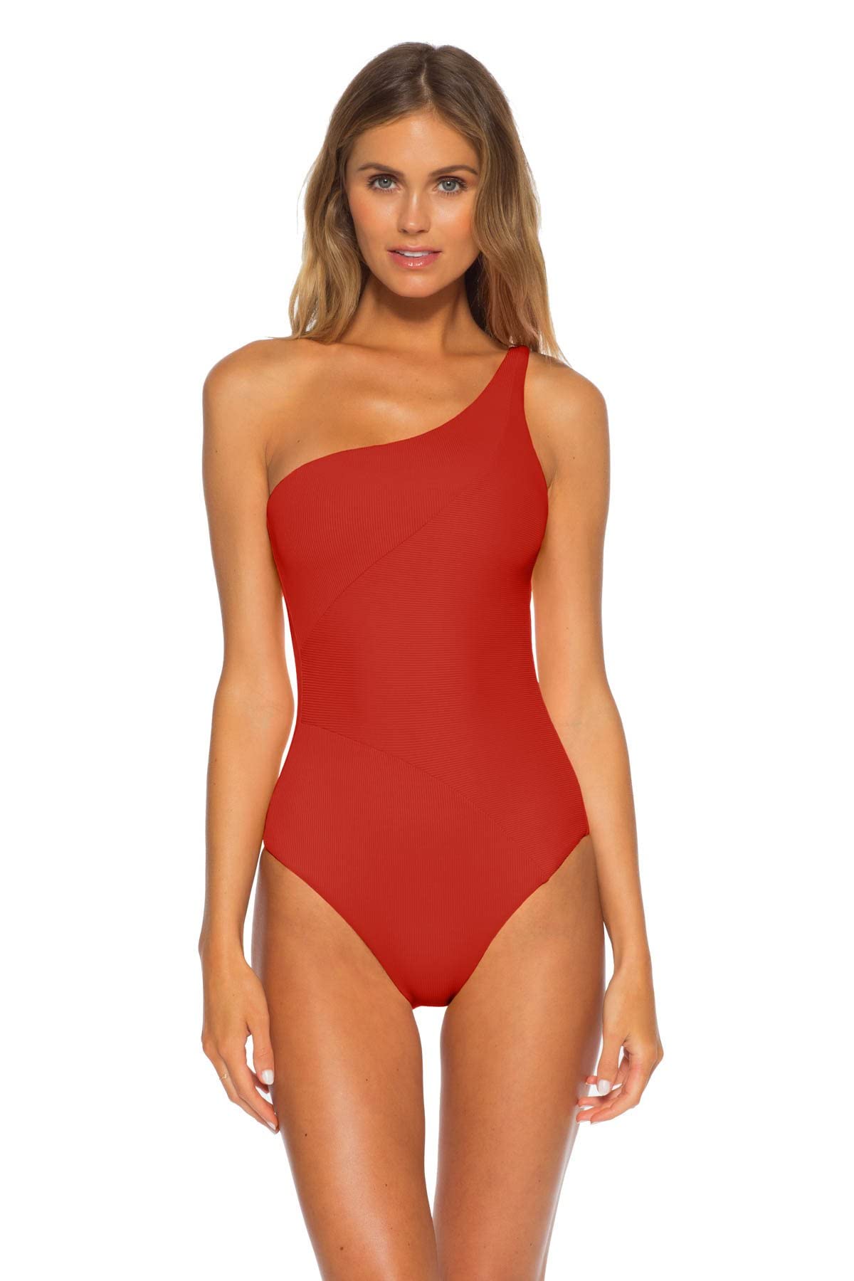 Becca by Rebecca Virtue Fine Line Adeline Rib Asymmetrical One-Piece Swimsuit | High Waist Bathing Suit for Women | Perfect for Beach Vacations & Pool Parties