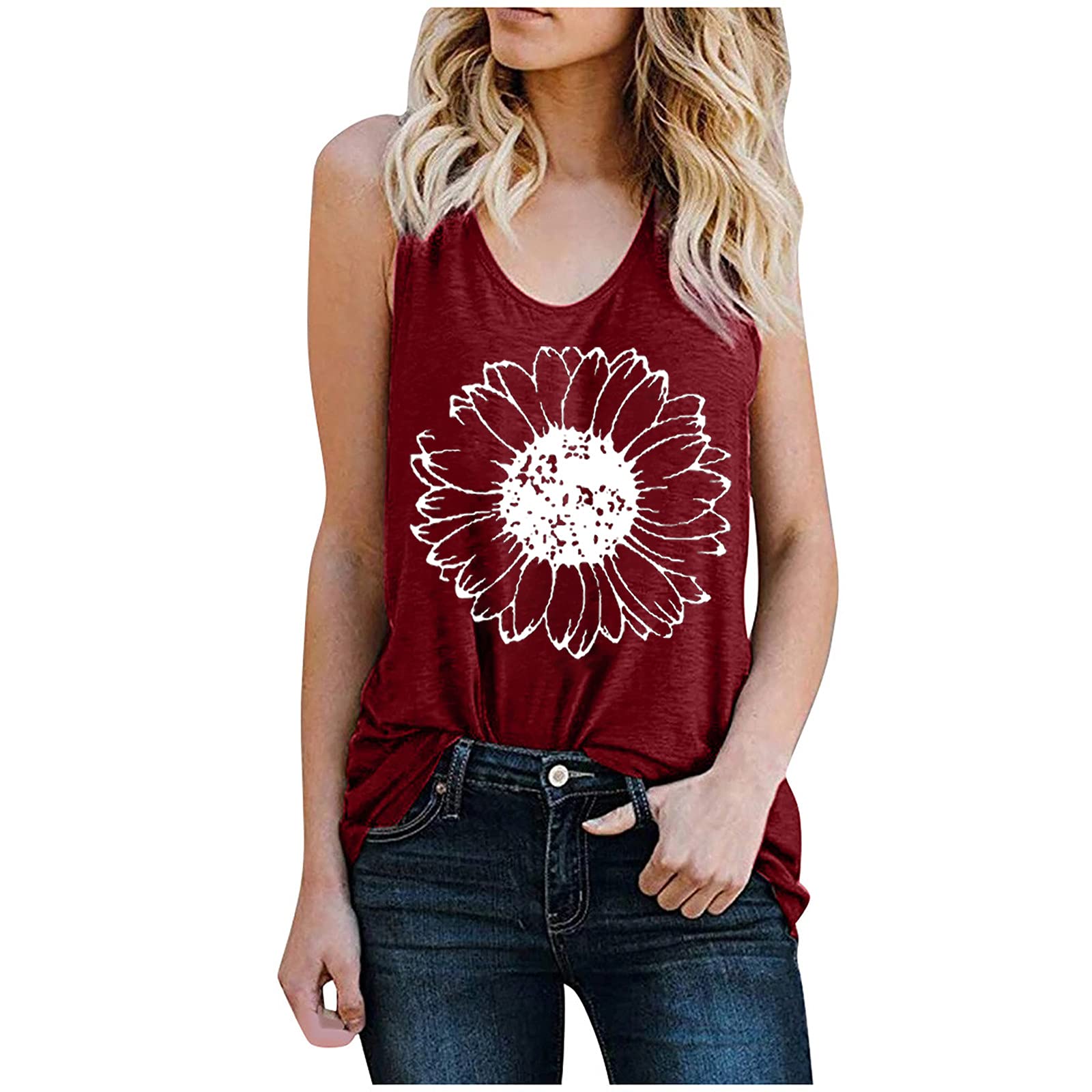 LIJCC Women's Spring Sleeveless Scoop Neck Tunic Tank Top - Trendy Fitted Polyester Tee for Skiing, Casual Wear & Summer Outfits - Sunflower Print Cozy T-Shirt for Outdoor Activities and Daily Fashion