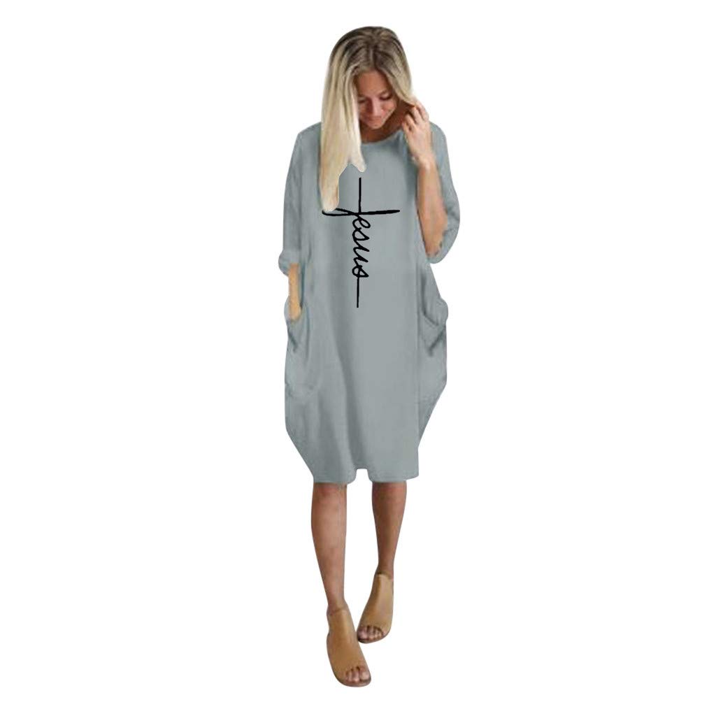 Women's Summer Long Sleeve Loose Casual Dress with Pockets - Crew Neck Flowy Maxi Dress for Beach, Vacation & Everyday Wear - Plus Size Available