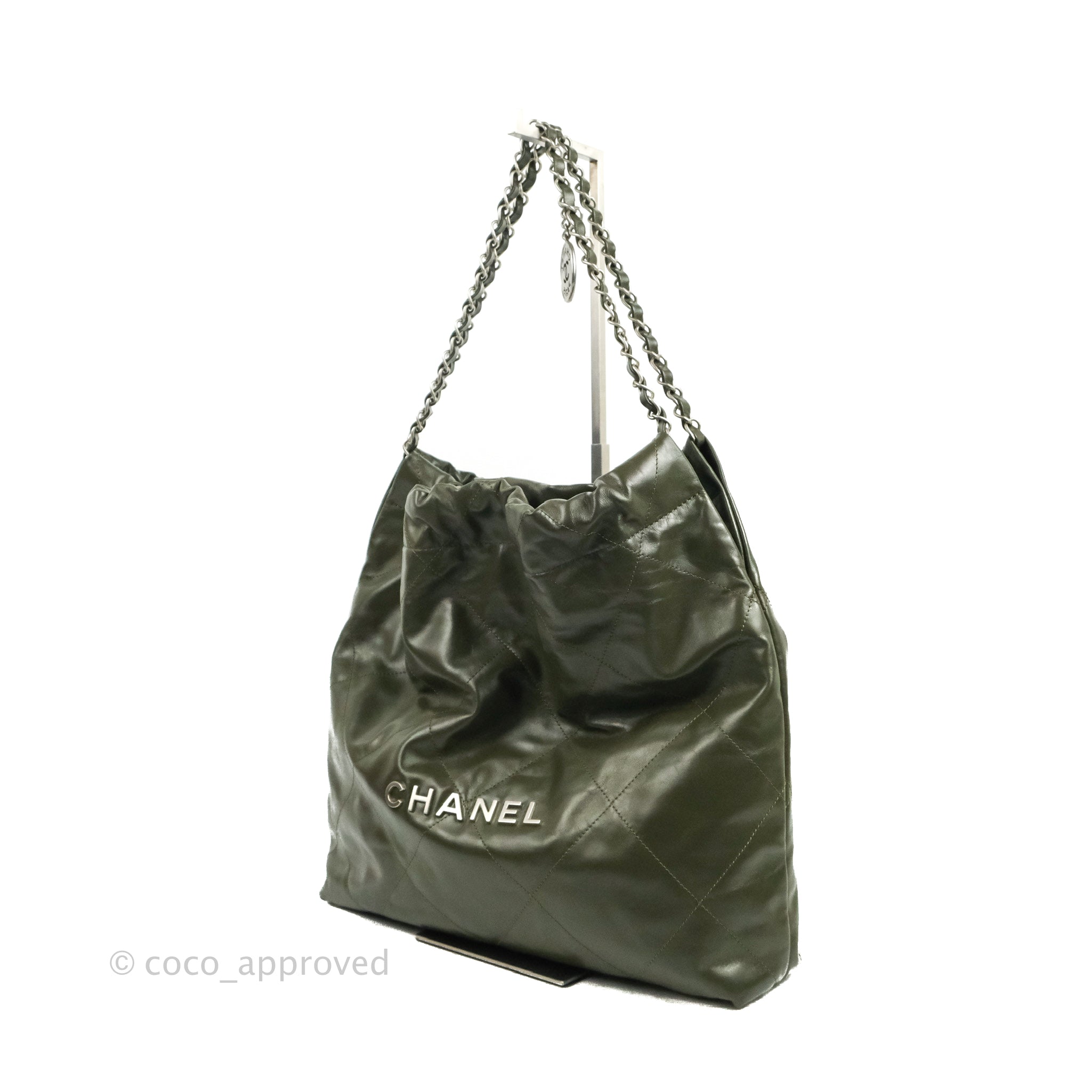 Chanel 22 Medium Handbag in Army Green Shiny Calfskin Leather with Ruthenium Hardware - Luxury Crossbody Bag for Women, Perfect for Work, Travel & Evening Events