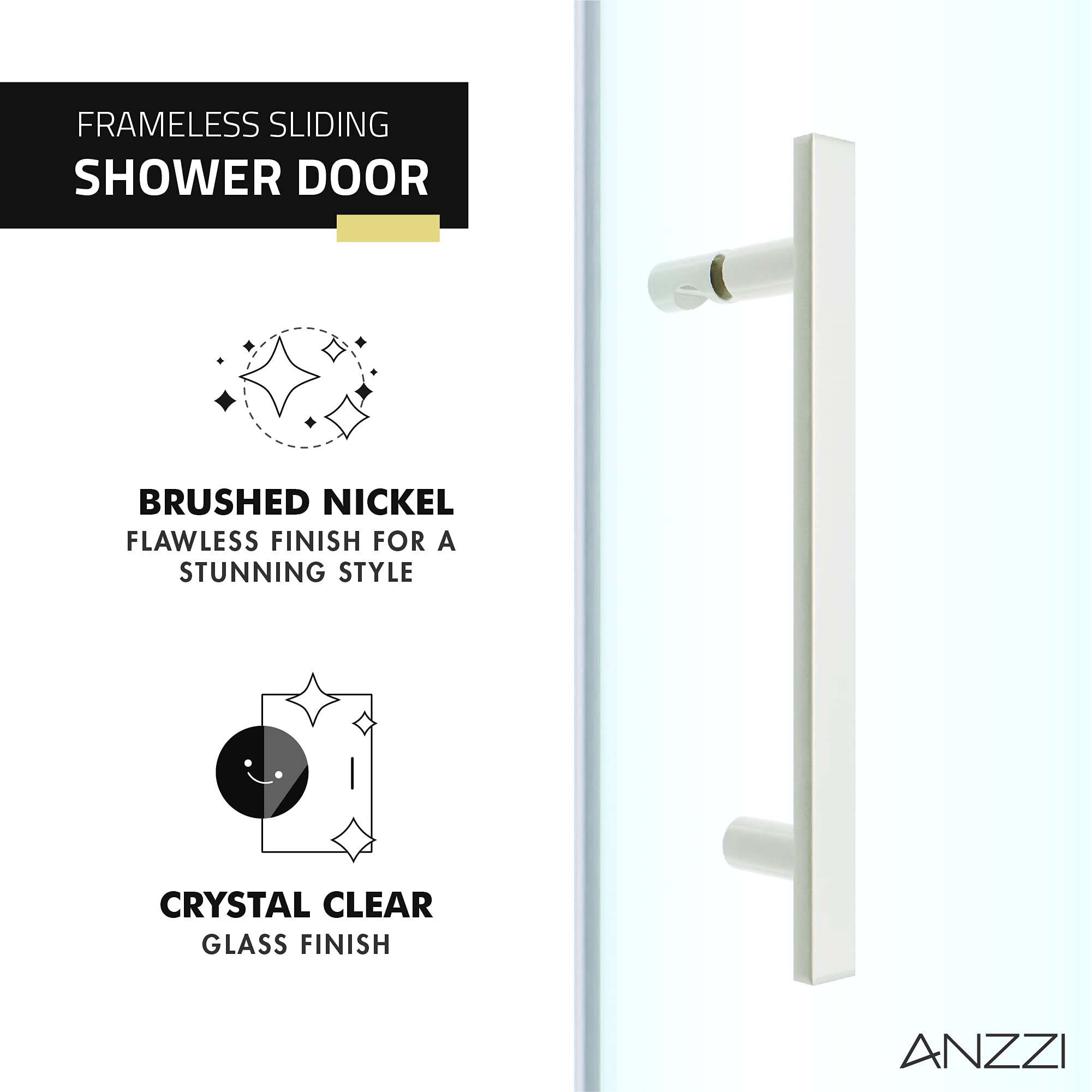 ANZZI 76 x 60 Inch Brushed Nickel Semi-Frameless Sliding Shower Door with Longboat Water Repellent Glass, Seal Strip & Handle - Easy Glide Rollers for Smooth Operation - Perfect for Modern Bathrooms & Spa-Like Showers (Model SD-AZ055-01BN)