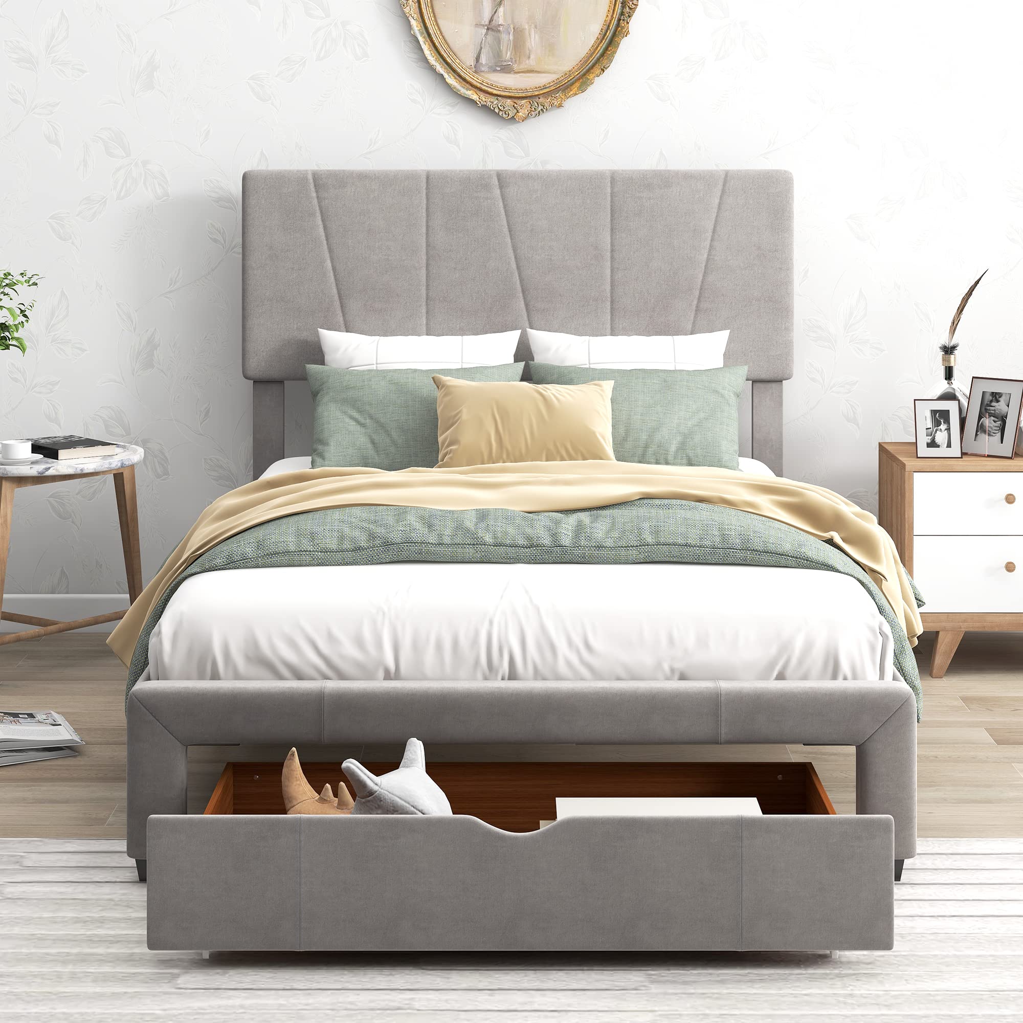 SOFTSEA Full Size Upholstered Platform Bed Frame with Adjustable Headboard & Storage Drawer - Tufted Modern Bedroom Furniture for Small Spaces & Guest Rooms