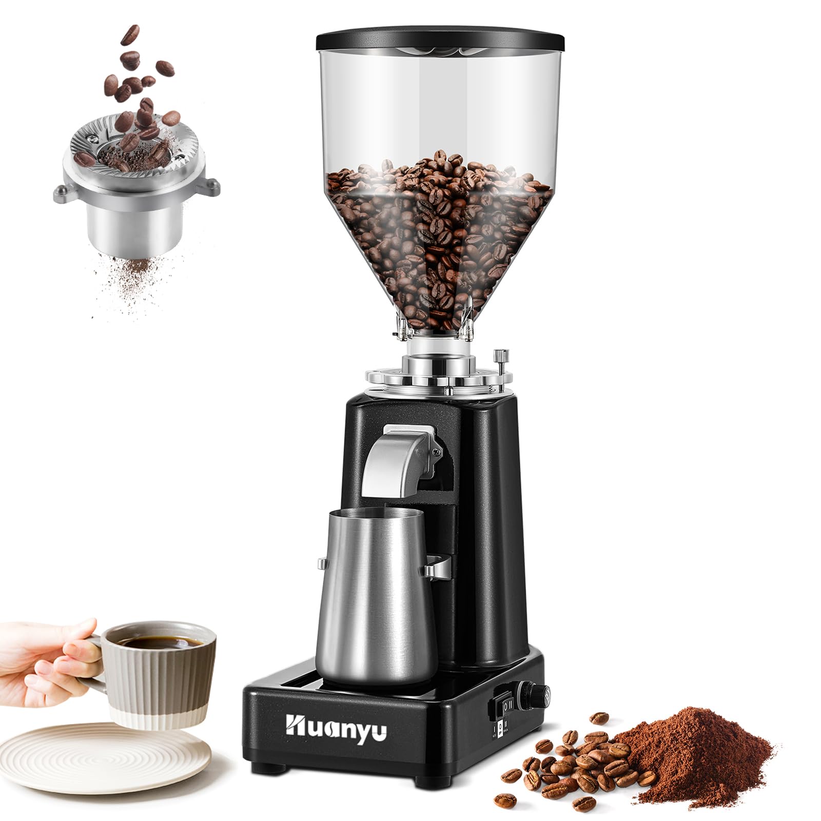 Huanyu Electric Coffee Grinder - Adjustable Flat Burr Mill with 19 Precise Grind Settings, 35oz Capacity for 36 Cups - Perfect for Espresso, French Press, Cold Brew & Pour Over Coffee - Automatic Coffee Bean Grinding Machine for Home & Office Use