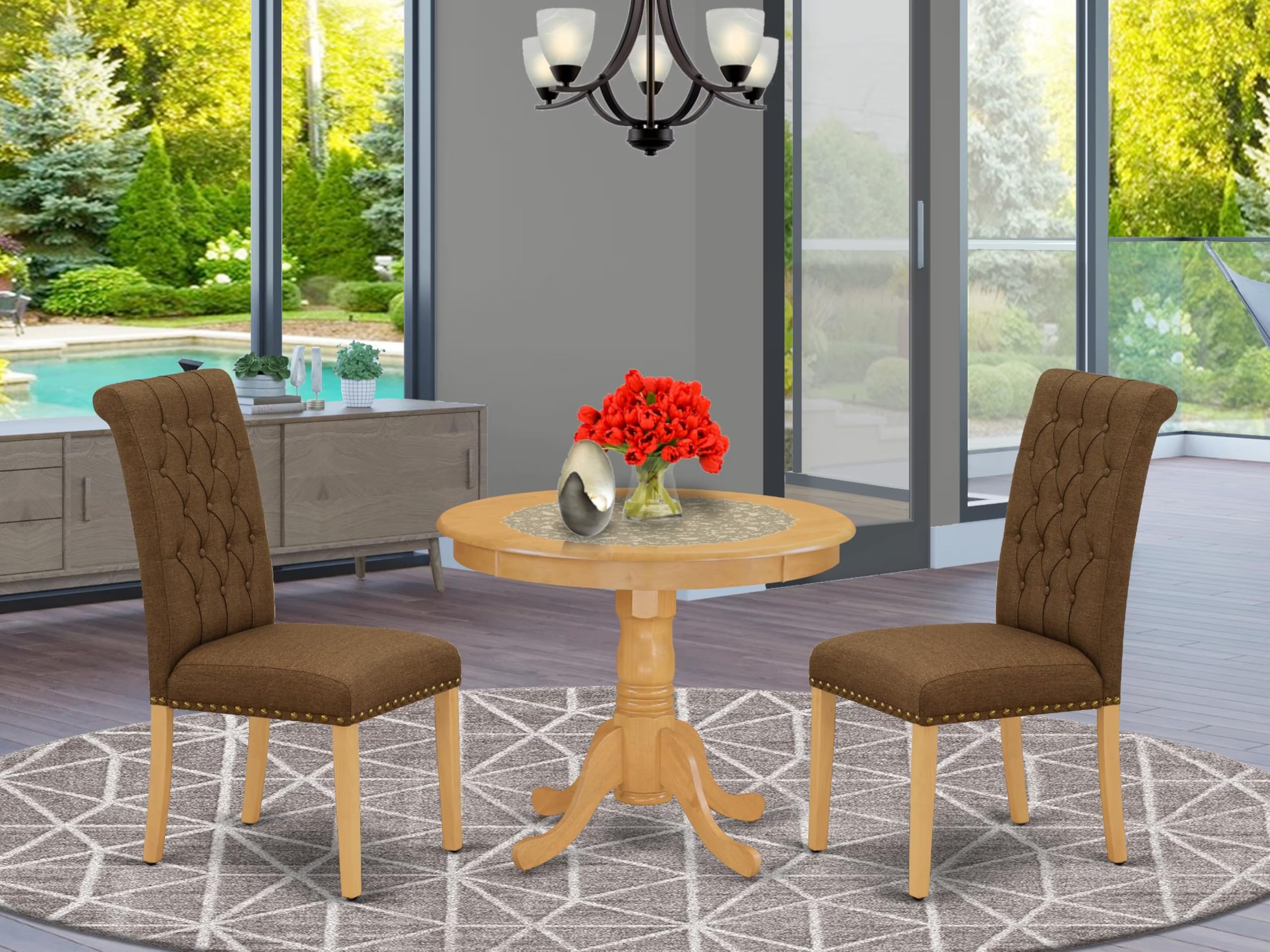 East West Furniture ANBR3-OAK-18 3-Piece Round Oak Dining Table Set with Pedestal Base & 2 Brown Linen Parsons Chairs, 36x36 Inch - Perfect for Small Kitchens, Breakfast Nooks & Cozy Dining Spaces