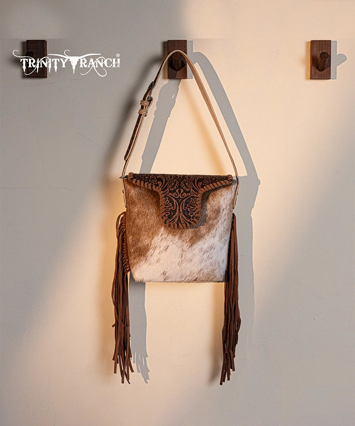 Trinity Ranch Genuine Hair-On Cowhide Tooled Western Shoulder Bag - Perfect for Rodeo, Country Music Festivals & Cowgirl Fashion