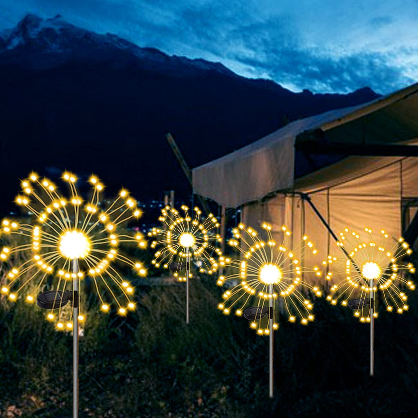 XVZ Solar Garden Lights - 2 Pack 120 LED Solar Powered Firework Lights with 2 Modes, Waterproof Outdoor Decorative Lighting for Walkway, Pathway, Backyard, Christmas & Party Decor (Warm White) - Perfect for Landscape Lighting, Patio Ambiance & Holiday Celebrations