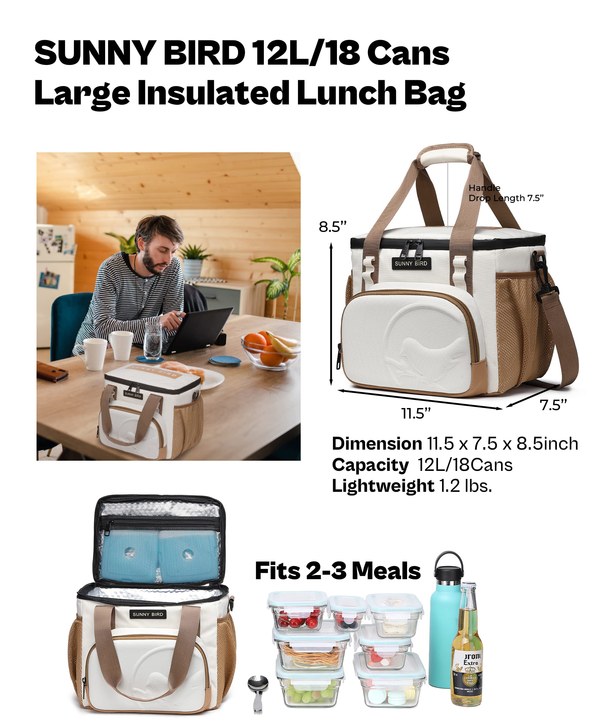 12L Large Insulated Lunch Bag for Adults - Leakproof & Foldable Cooler Box Fits 18 Cans | SUNNY BIRD Ivory White | Perfect for Office, School, Picnics & Outdoor Activities