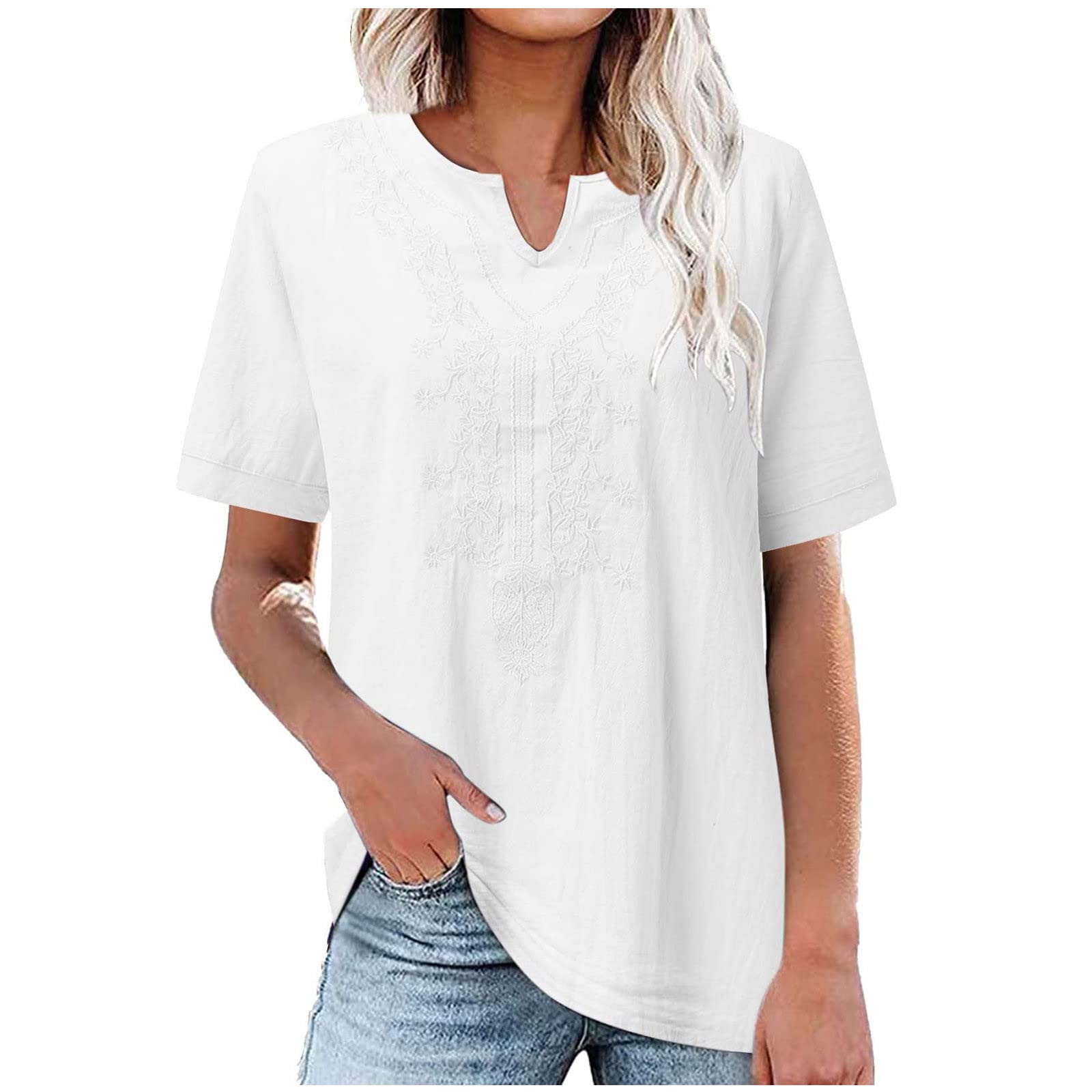 Women's Cotton Linen T-Shirts - Short Sleeve Casual V-Neck Blouse with Embroidery Detail, Loose Fit Solid Color Tee Tops for Summer, Beach & Everyday Wear