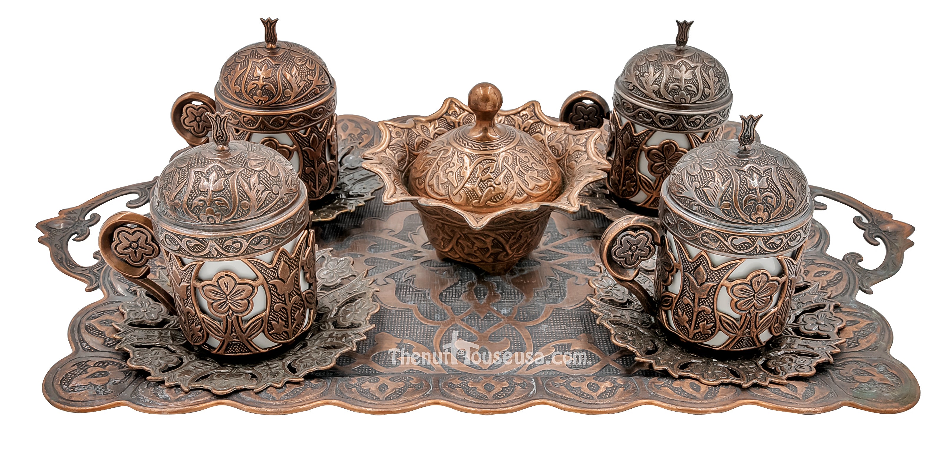 Premium Cooper Turkish Coffee Set 24034 - Authentic Copper Ibrik, 4 Cups & Tray - Perfect for Traditional Brewing & Home Entertaining