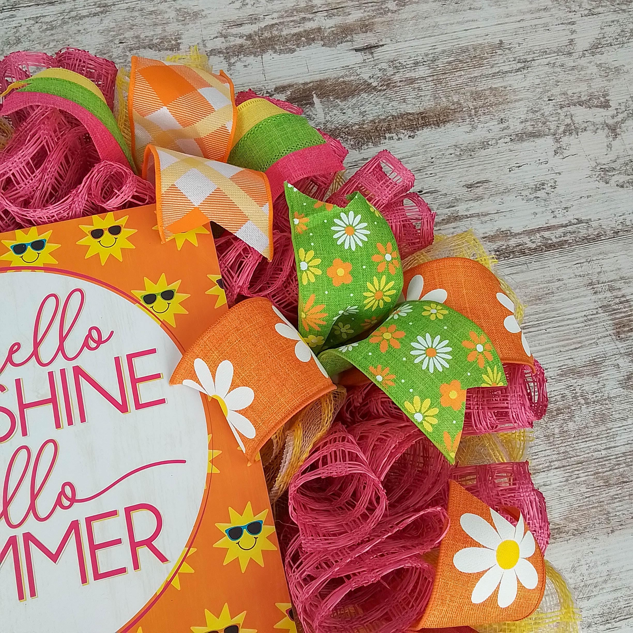 Hello Sunshine Summer Wreath - Vibrant Yellow Pink Green Orange Beach Mesh Door Decoration for Front Porch, Patio & Summer Home Decor