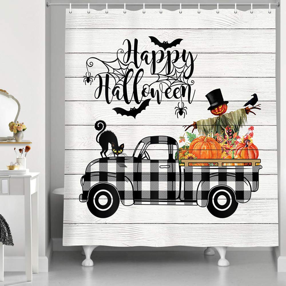 Halloween Shower Curtain - Black Cat & Buffalo Plaid Design with Pumpkin & Sunflower Patterns, Rustic Wooden Look for Autumn & Thanksgiving Decor (70 inches) - Perfect for Farmhouse Bathroom, Fall Themed Decorations and Seasonal Home Styling