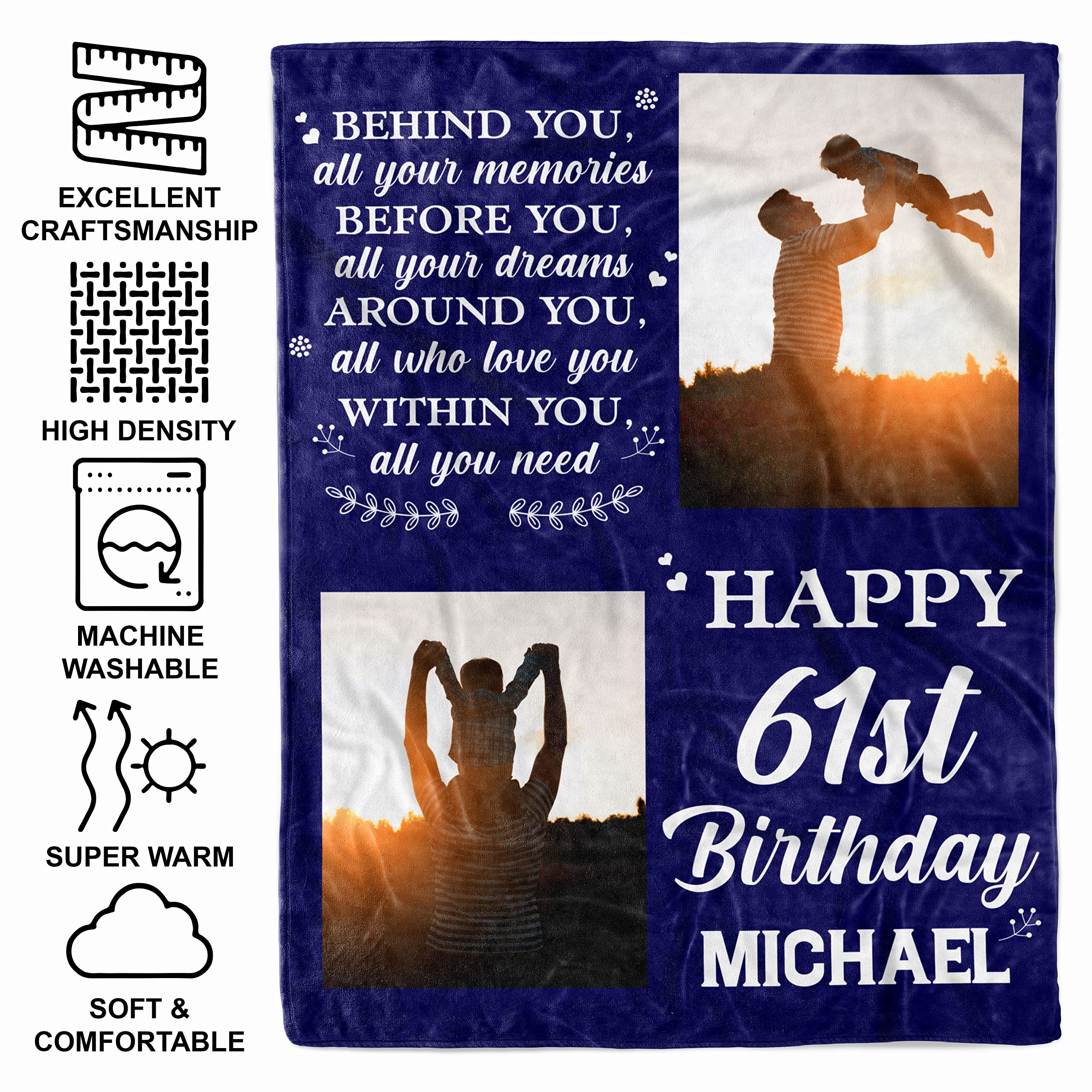 Personalized 61st Birthday Blanket for Men - Custom Photo Fleece Sherpa Throw for Dad & Grandpa Born in 1962 | Funny 61 Years Old Gift Idea for Birthday Decorations | Cozy Home & Office Use