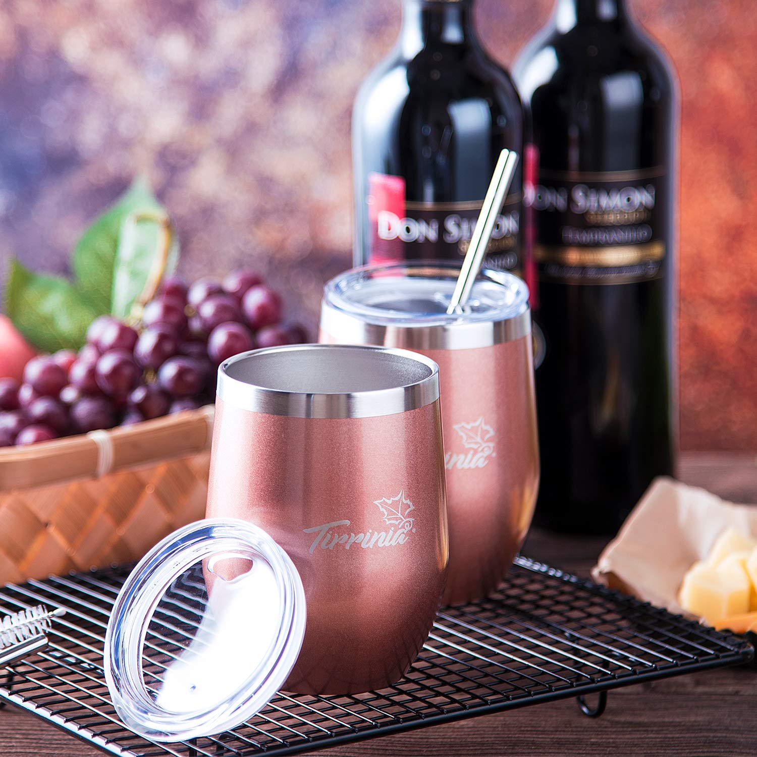 12oz Stainless Steel Double Wall Insulated Wine Tumbler with Lid - Reusable Stemless Wine & Champagne Glass for Camping, Travel, Outdoor - Rose Gold | Perfect for Picnics, Beach Parties & Romantic Dinners