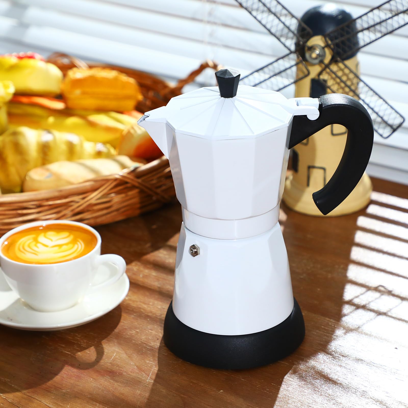 6 Cup Electric Espresso Coffee Maker - Italian Moka Pot 300ml Portable Aluminum Stovetop Coffee Machine with Detachable Base - Perfect for Home, Office & Travel Use (White) - Ideal Gift for Coffee Lovers