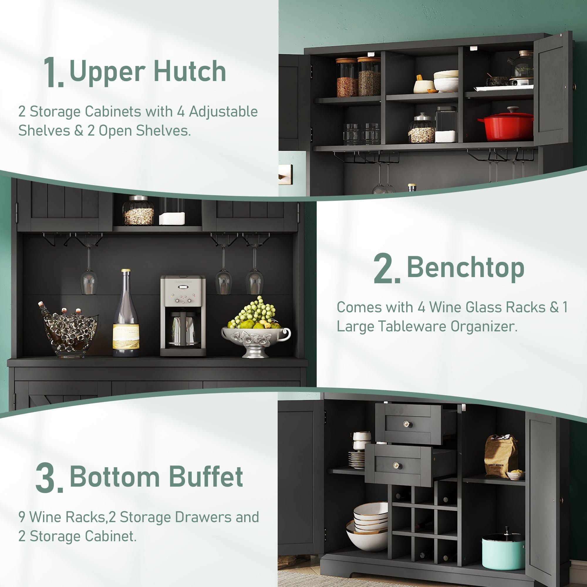 Farmhouse Coffee Bar Cabinet with Storage - Kitchen Buffet Cabinet with Drawers, Shelves & Wine Glass Racks - Rustic Dining Room Furniture for Kitchen, Bar & Entertaining - Black