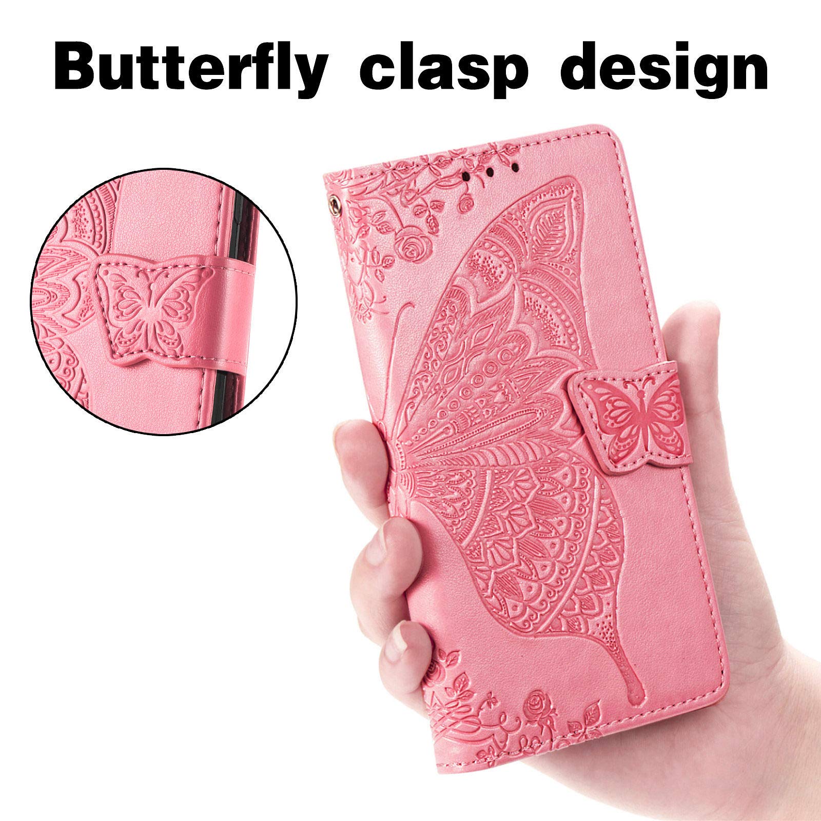 Motorola Moto G Play 2024 Wallet Case - PU Leather Flip Cover with Card Slots, Wrist Strap & Kickstand | Protective Phone Case with Butterfly Flower Embossed Design in Pink | Perfect for Everyday Use, Travel & Hands-Free Convenience