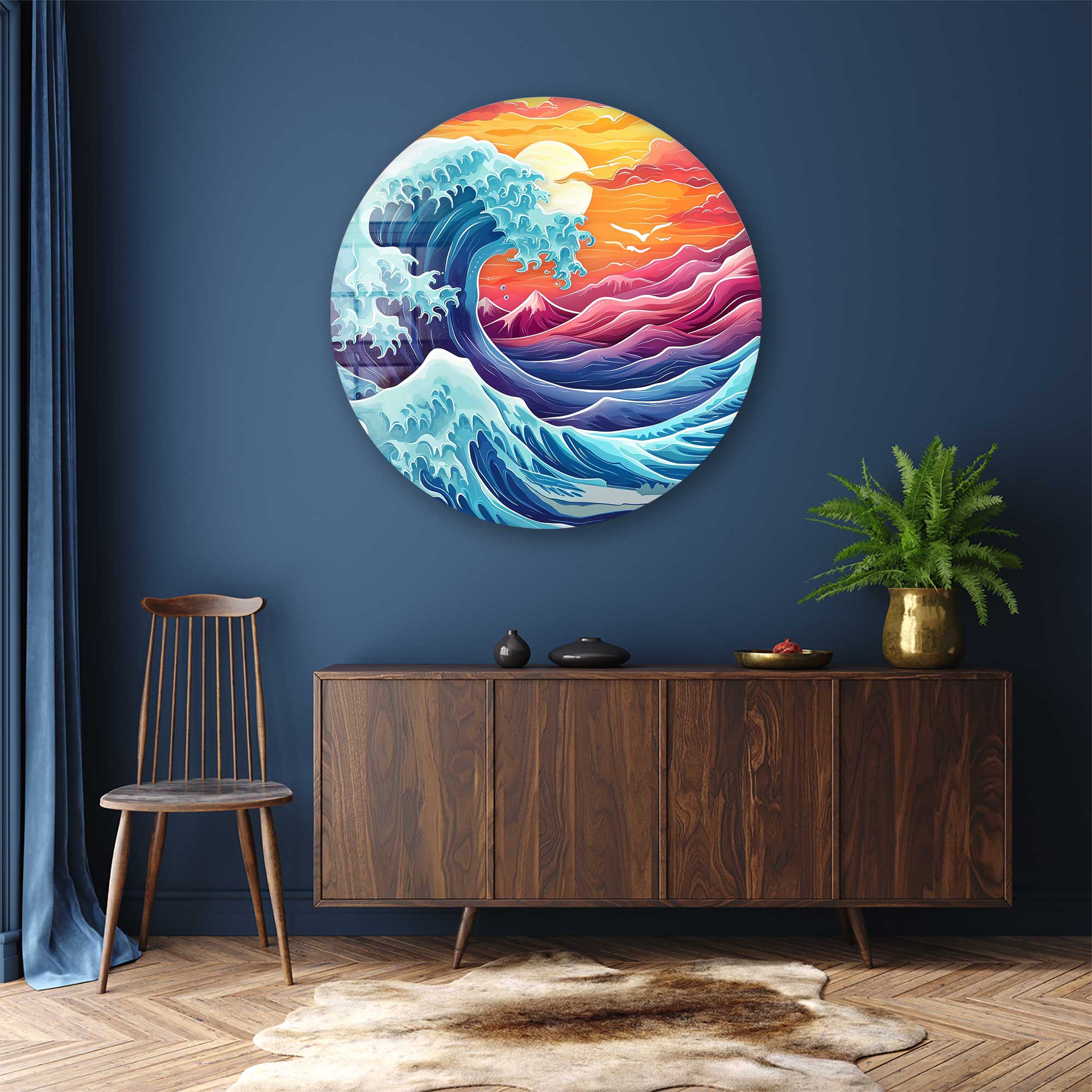 Great Wave Rounded Glass Wall Art - Japanese Ocean Wave Decor for Living Room, Bedroom & Office - Modern Home & Office Decoration