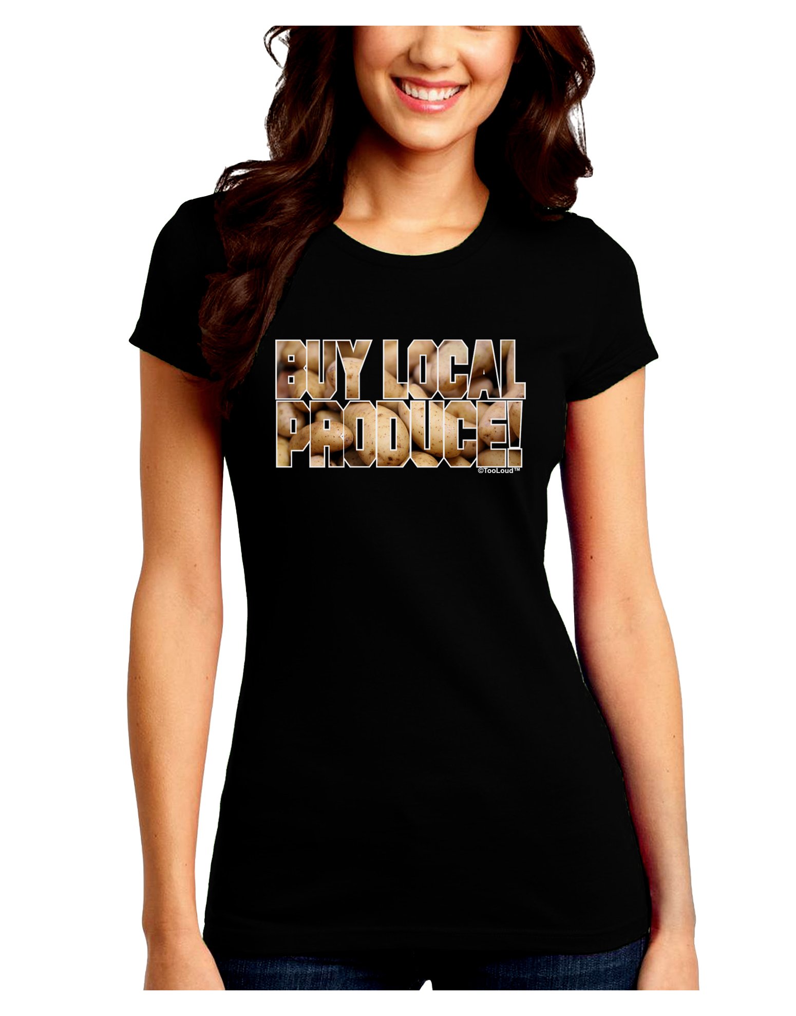 TOOLOUD Buy Local Produce Potatoes Text Juniors Crew Dark T-Shirt - Comfortable Casual Tee for Everyday Wear, School, and Outings