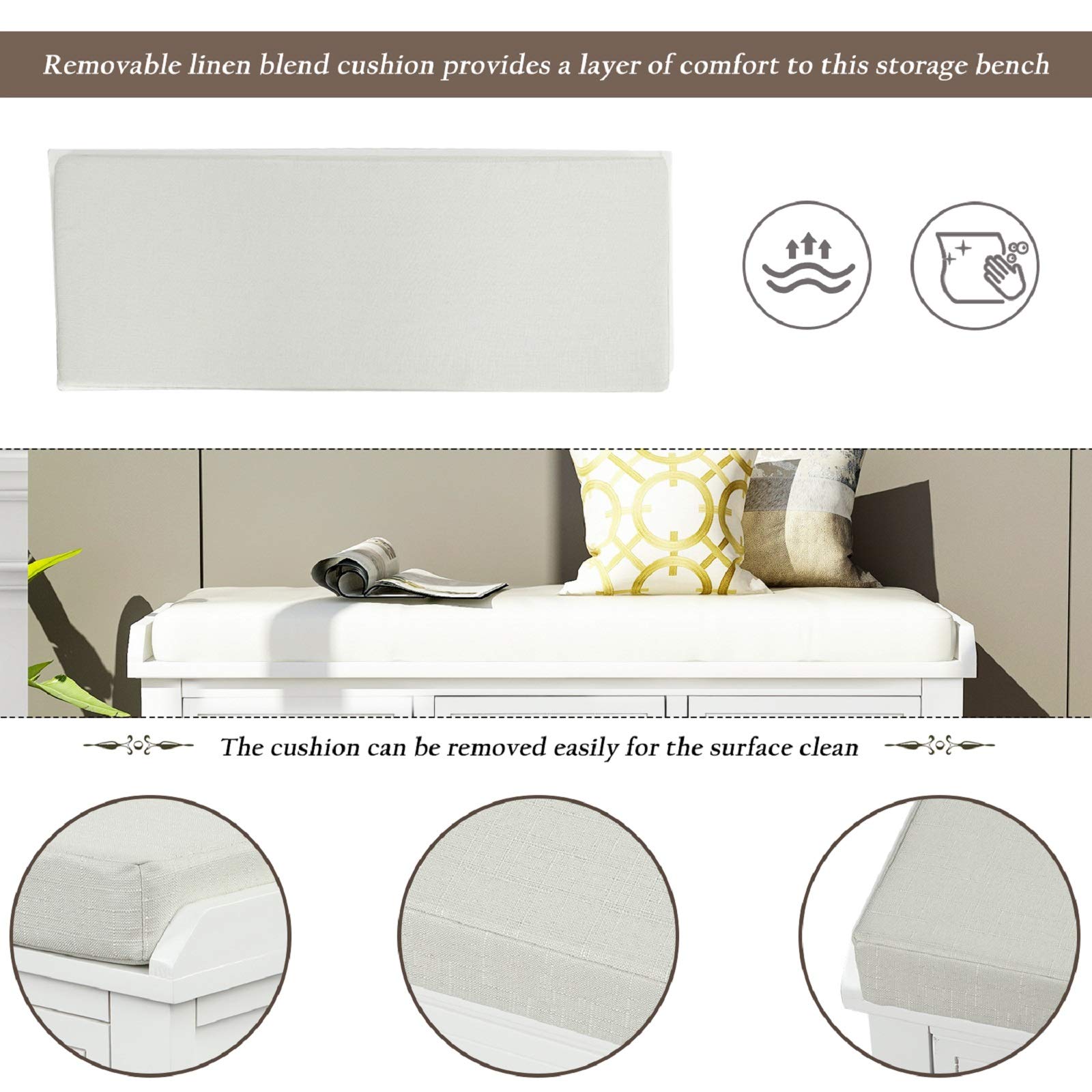 Rhomtree Storage Bench with 3 Drawers & Woven Baskets - Entryway Shoe Bench with Removable Cushion for Hallway, Living Room & Bedroom - White Multi-Functional Furniture for Home Organization