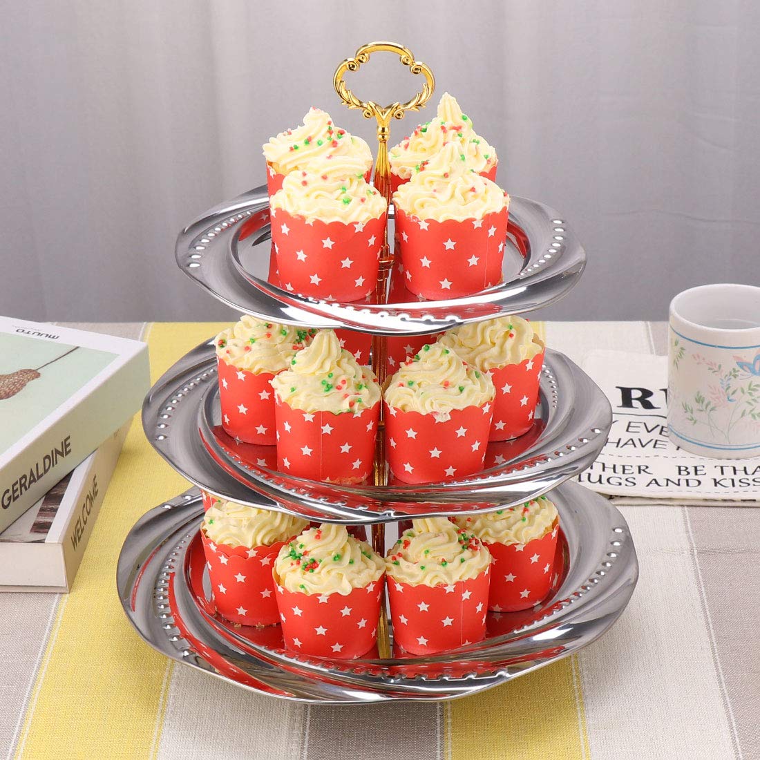 3 Tier Stainless Steel Cake Stand - Elegant Dessert Serving Tray for Wedding, Birthday Party, Tea Party | Perfect for Fruits, Cupcakes, Buffet Display & Christmas Decorations (Silver) - Ideal for Home Entertaining, Holiday Gatherings & Special Events