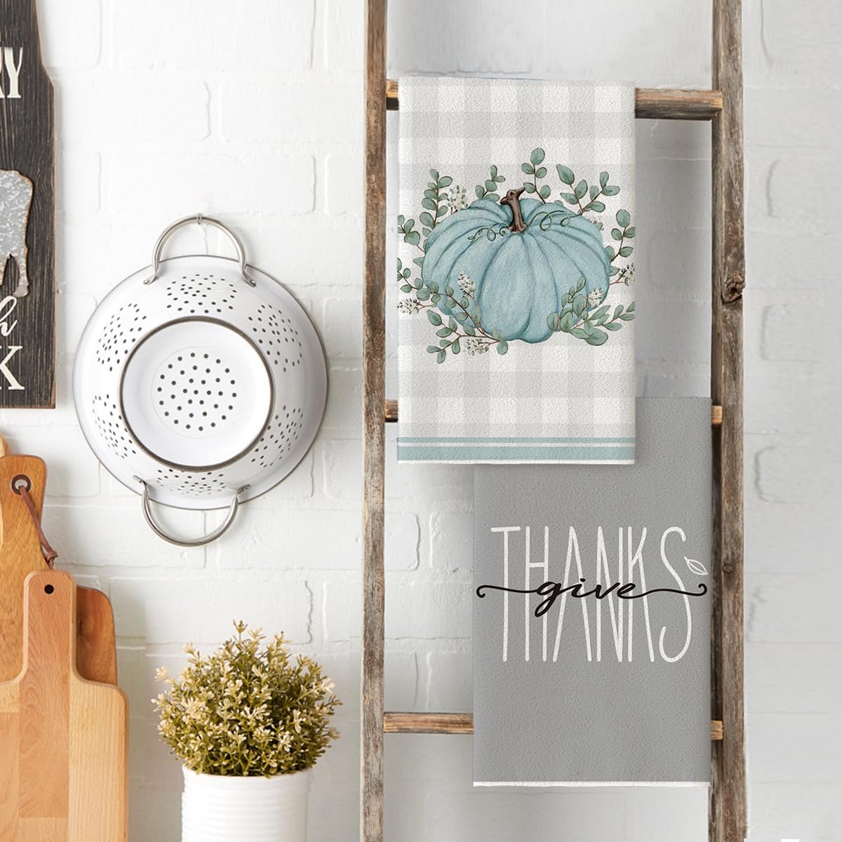 Artoid Mode Grey Eucalyptus Leaves Hello Pumpkin Fall Kitchen Towels - Set of 4 Farmhouse Dish Towels 18x26 Inch, Thanksgiving Home Decor for Kitchen, Dining Room & Holiday Table Setting