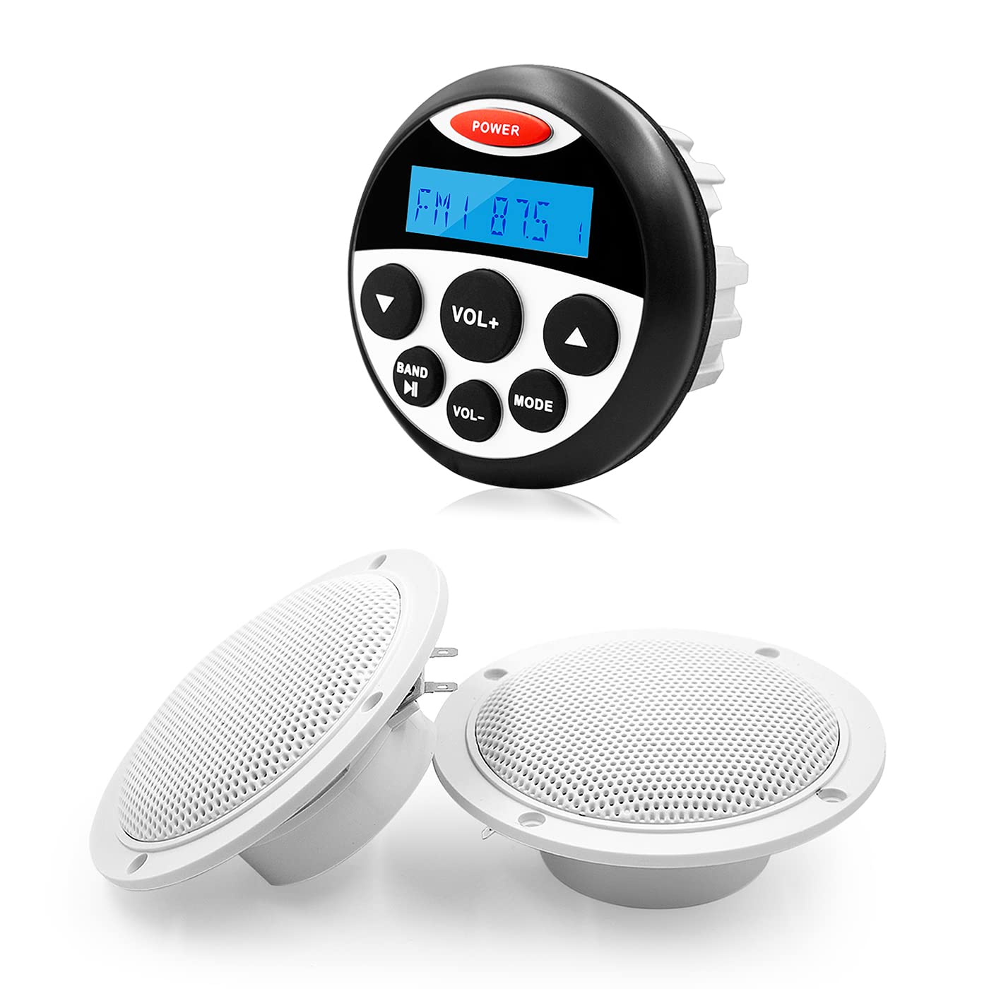 Marine Stereo Audio System - Waterproof MP3 USB AM FM AUX Bluetooth Receiver with 4 Inch White Marine Speakers, Perfect for Boats, Yachts, and Outdoor Water Activities