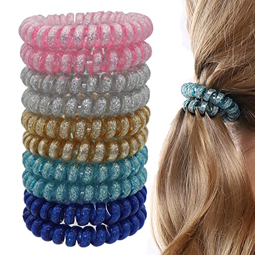 Warmsmile Spiral Hair Ties - Glitter Coil Hair Bands, Phone Cord Ponytail Holders for Girls & Teens - Metallic Hair Coils for Medium to Thick & Curly Hair (10 Pack) - Perfect for School, Workouts, and Everyday Styling