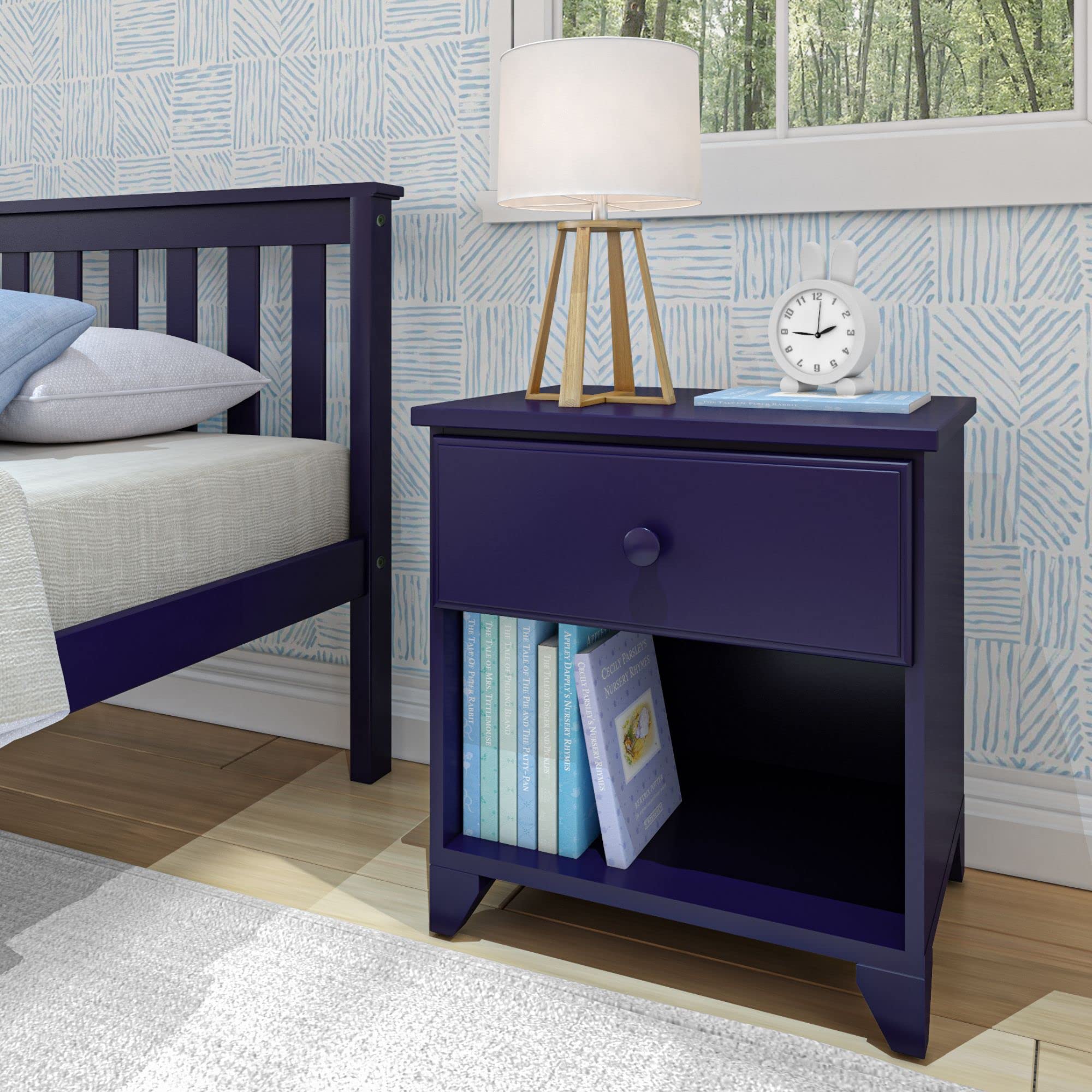 Max & Lily Classic Wood Nightstand with 1 Drawer - Kids Bedside Table, Small End Table for Bedroom in Blue - Perfect for Nursery, Kids Room & Guest Room Furniture