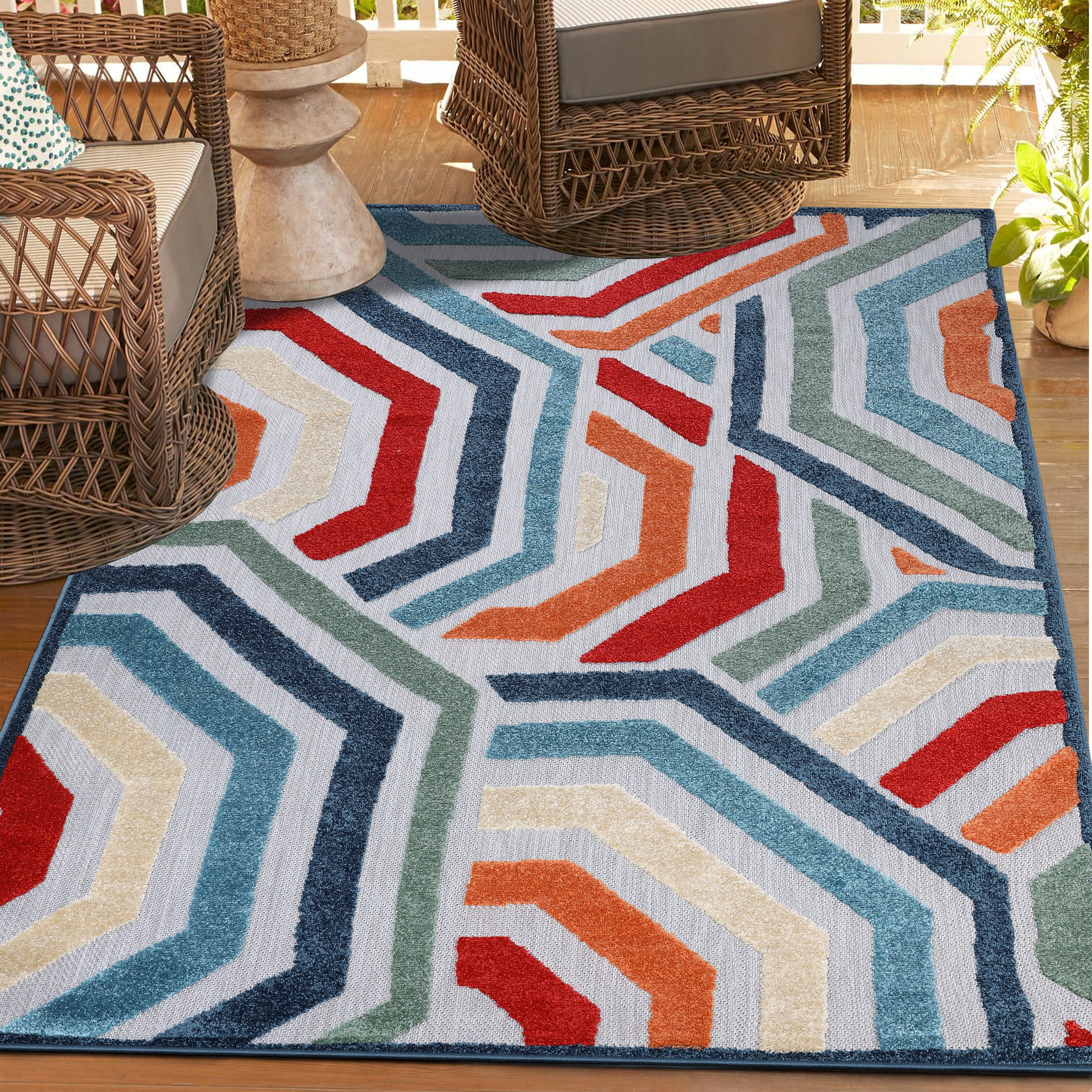 Waimea Modern Geometric Coastal Indoor Outdoor Area Rug - Stylish & Durable for Living Room, Bedroom, Patio, or Deck
