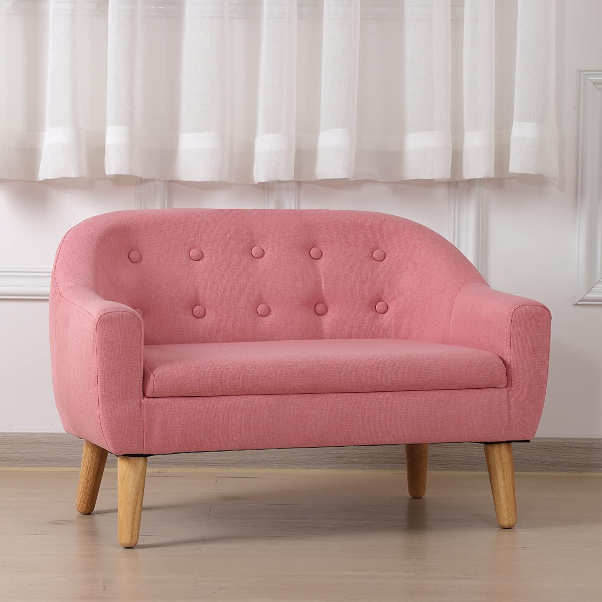 Koopo Kids Sofa - 30-Inch Pink Linen Fabric 2-Seater Upholstered Toddler Couch for Children | Perfect for Playroom, Nursery & Gift Giving