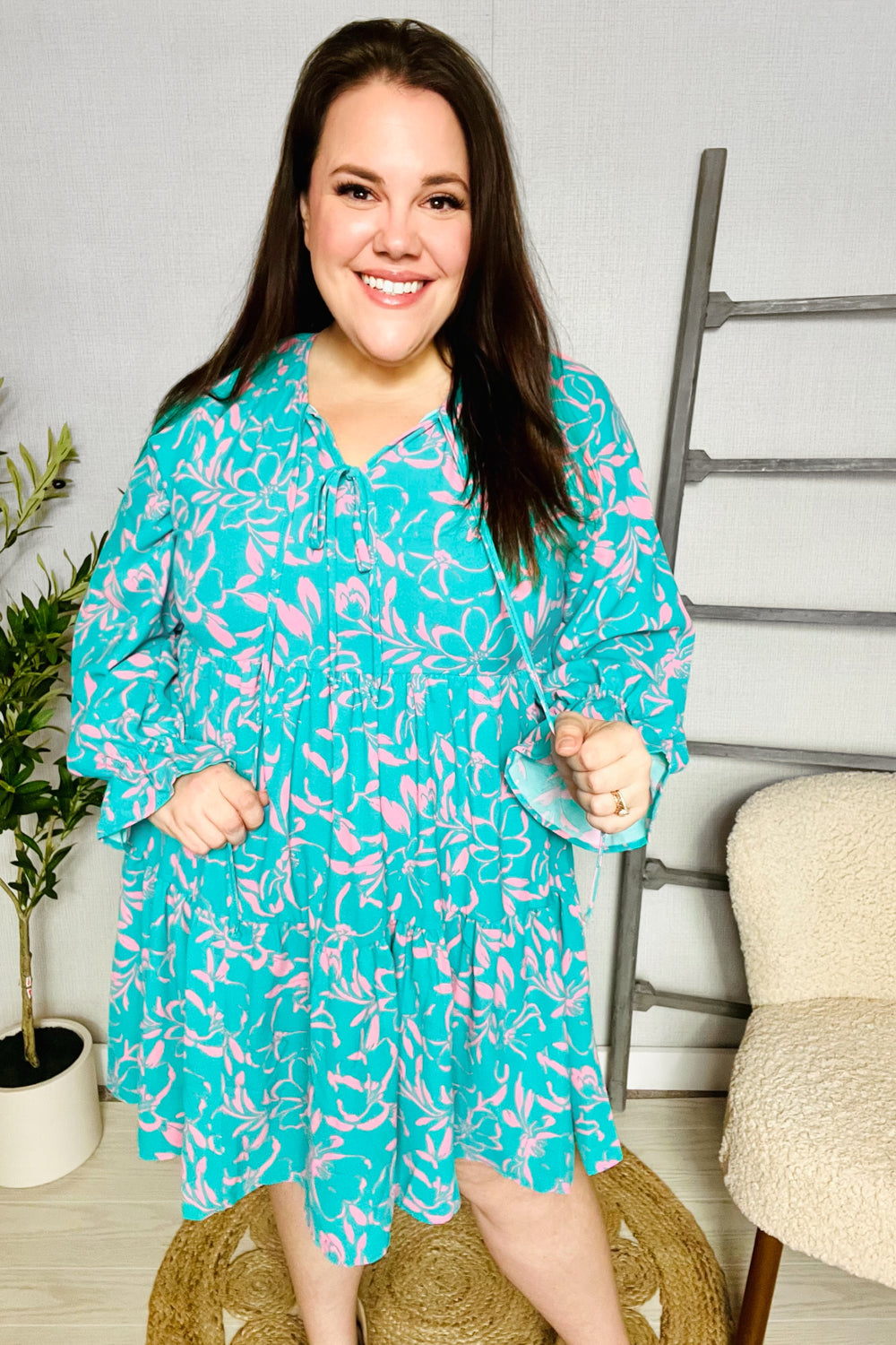 Boho Romance Mint Green Floral Print Tiered Dress with Front Ribbon Bow - Perfect for Summer Weddings, Garden Parties & Date Nights