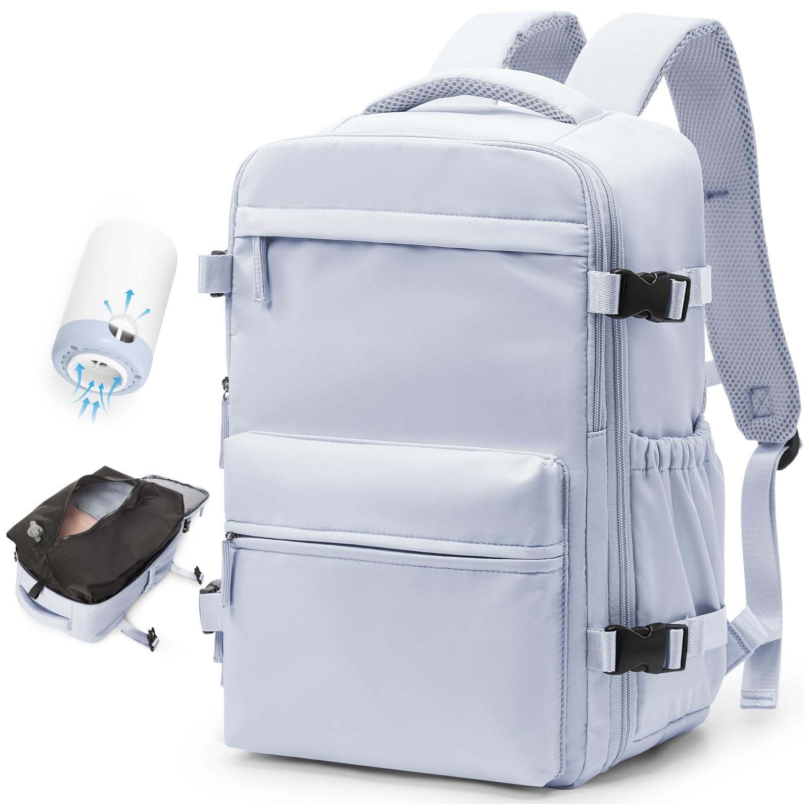 BOXSAM Large Vacuum Travel Backpack with Pump - 18x14x8 Inch Flight Approved Carry On Backpack for Women & Men, Waterproof Laptop Daypack with Compression Bags - Perfect for Air Travel, Work Commute & Casual Outings (Grey)